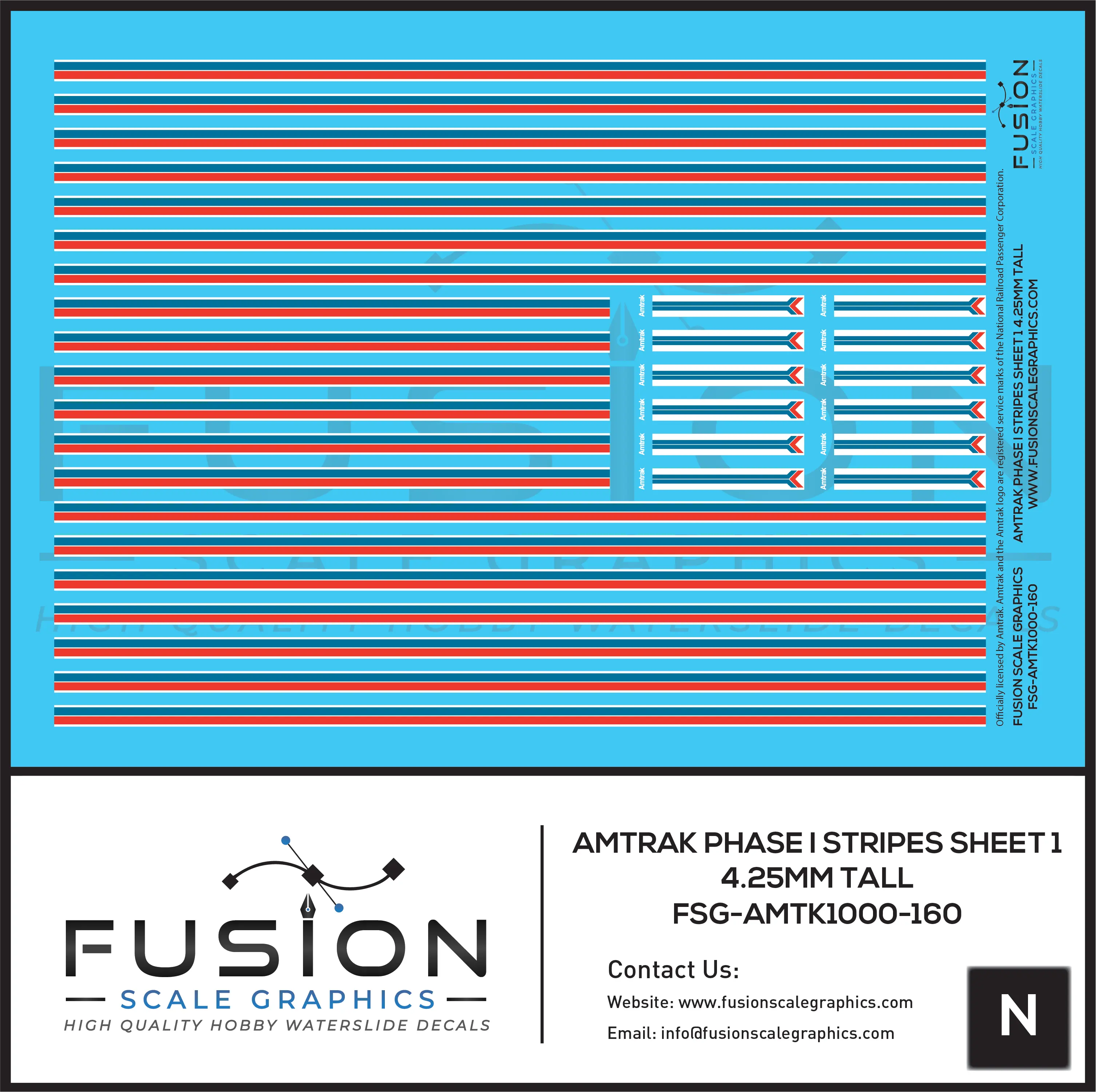 N Scale Amtrak Phase I Stripes Sheet 1 4.25mm Tall Decal Set Fusion Scale Graphics