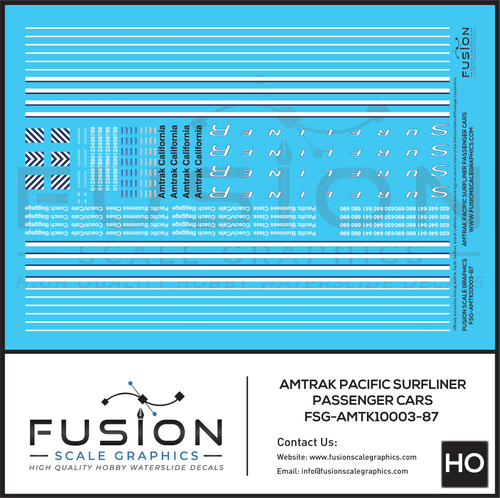 HO Scale Amtrak Pacific Surfliner Passenger Cars Decal Set Fusion Scale Graphics