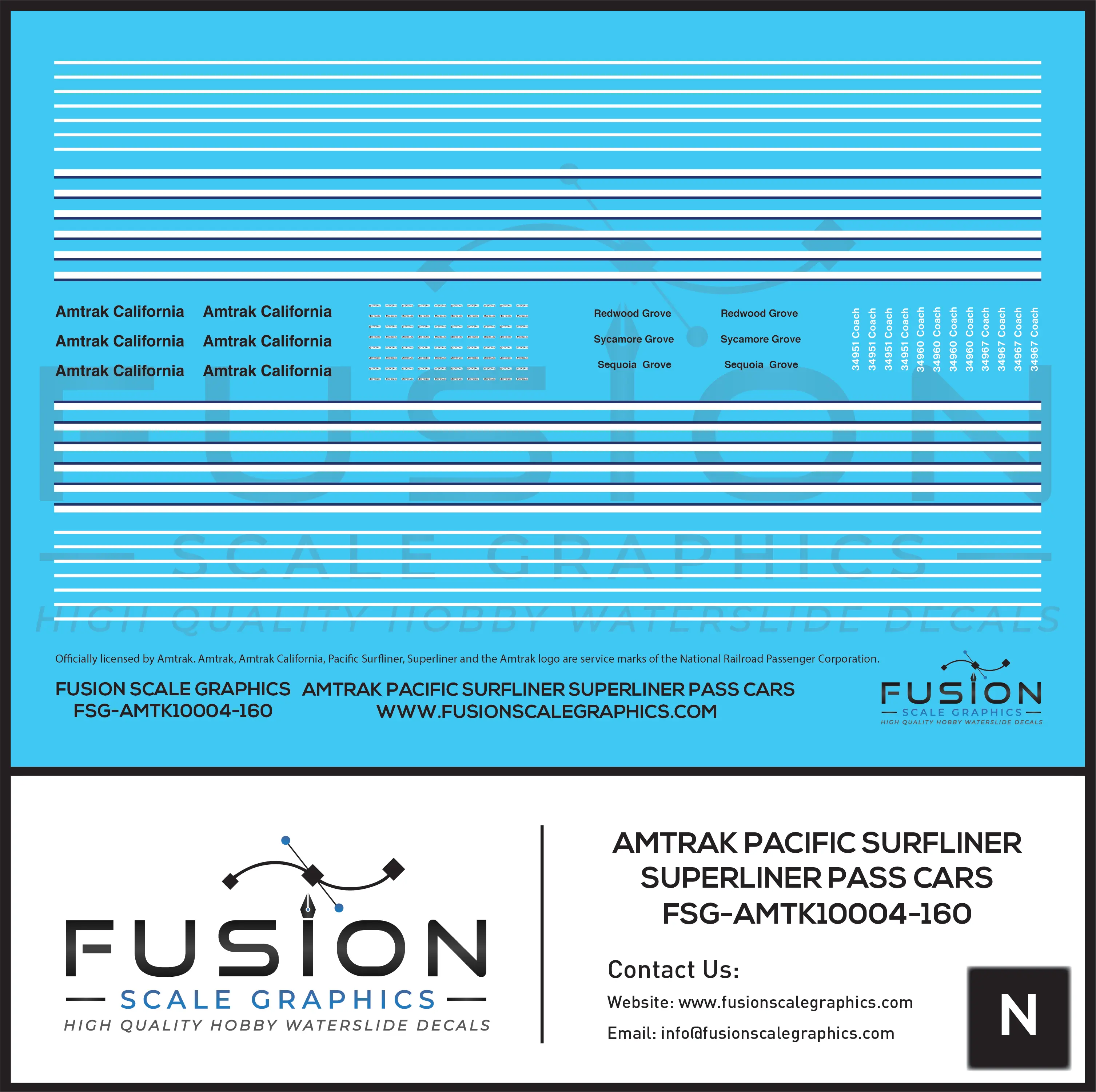 N Scale Amtrak Pacific Surfliner Superliner Passenger Cars Decal Set Fusion Scale Graphics