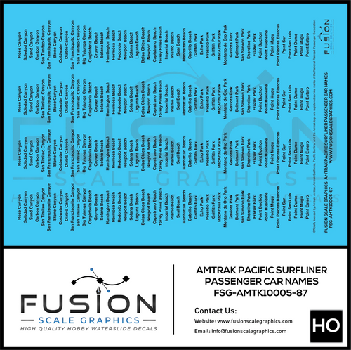HO Scale Amtrak Pacific Surfliner Passenger Car Names Decal Set Fusion Scale Graphics