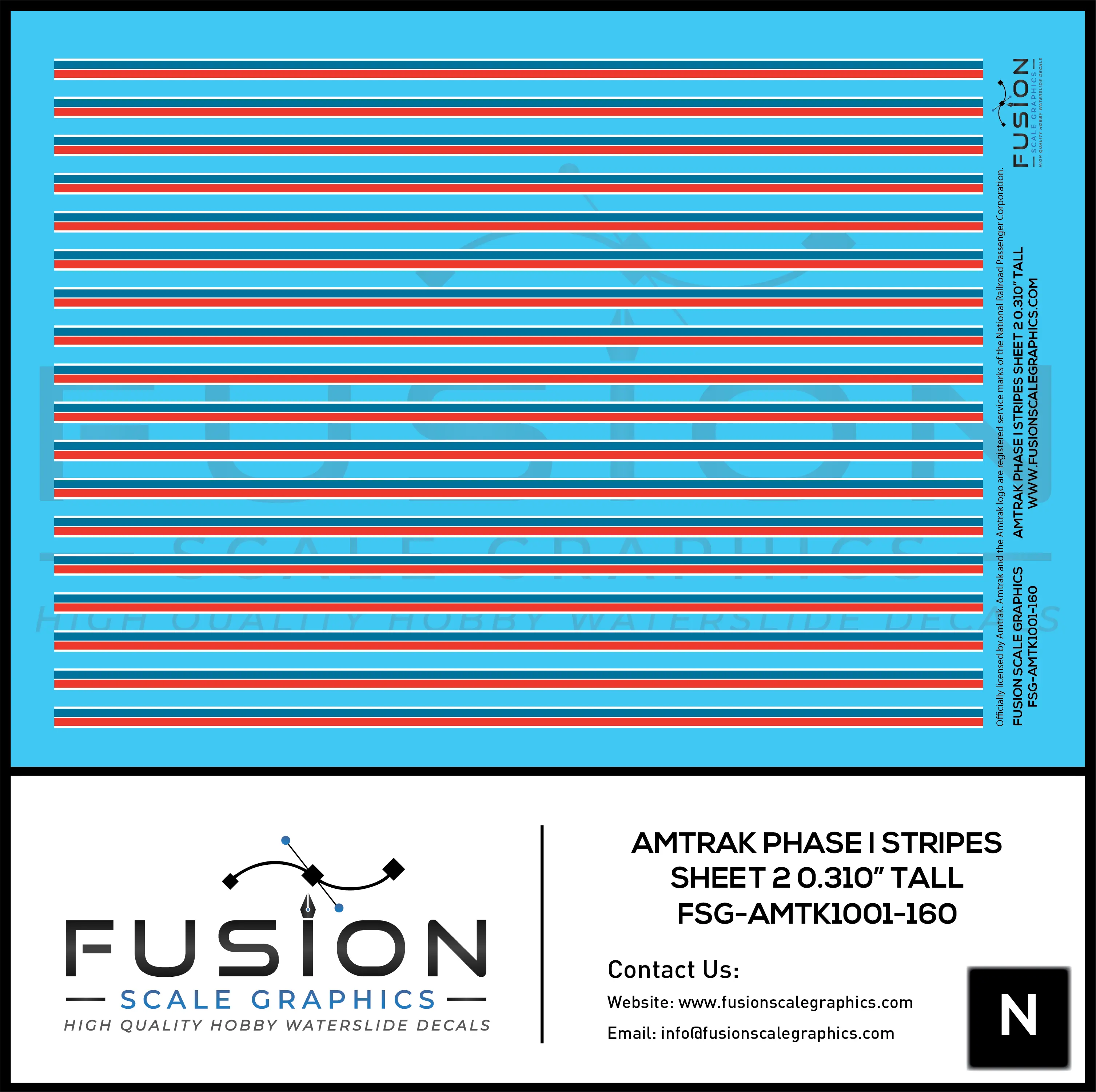 N Scale Amtrak Phase I Stripes Sheet 2 0.310" Tall Decal Set Fusion Scale Graphics