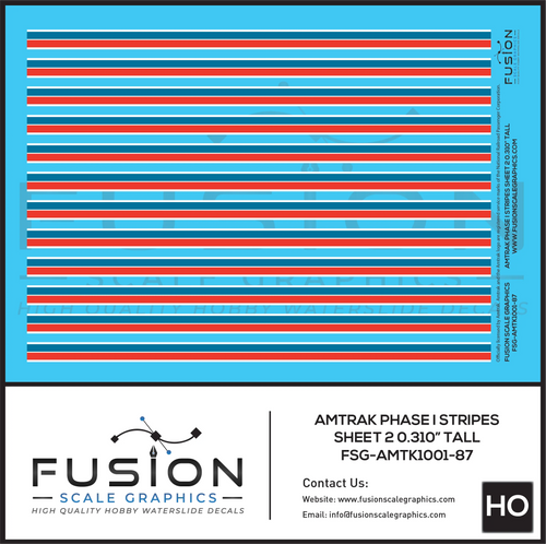 HO Scale Amtrak Phase I Stripes Sheet 2 0.310" Tall Decal Set Fusion Scale Graphics