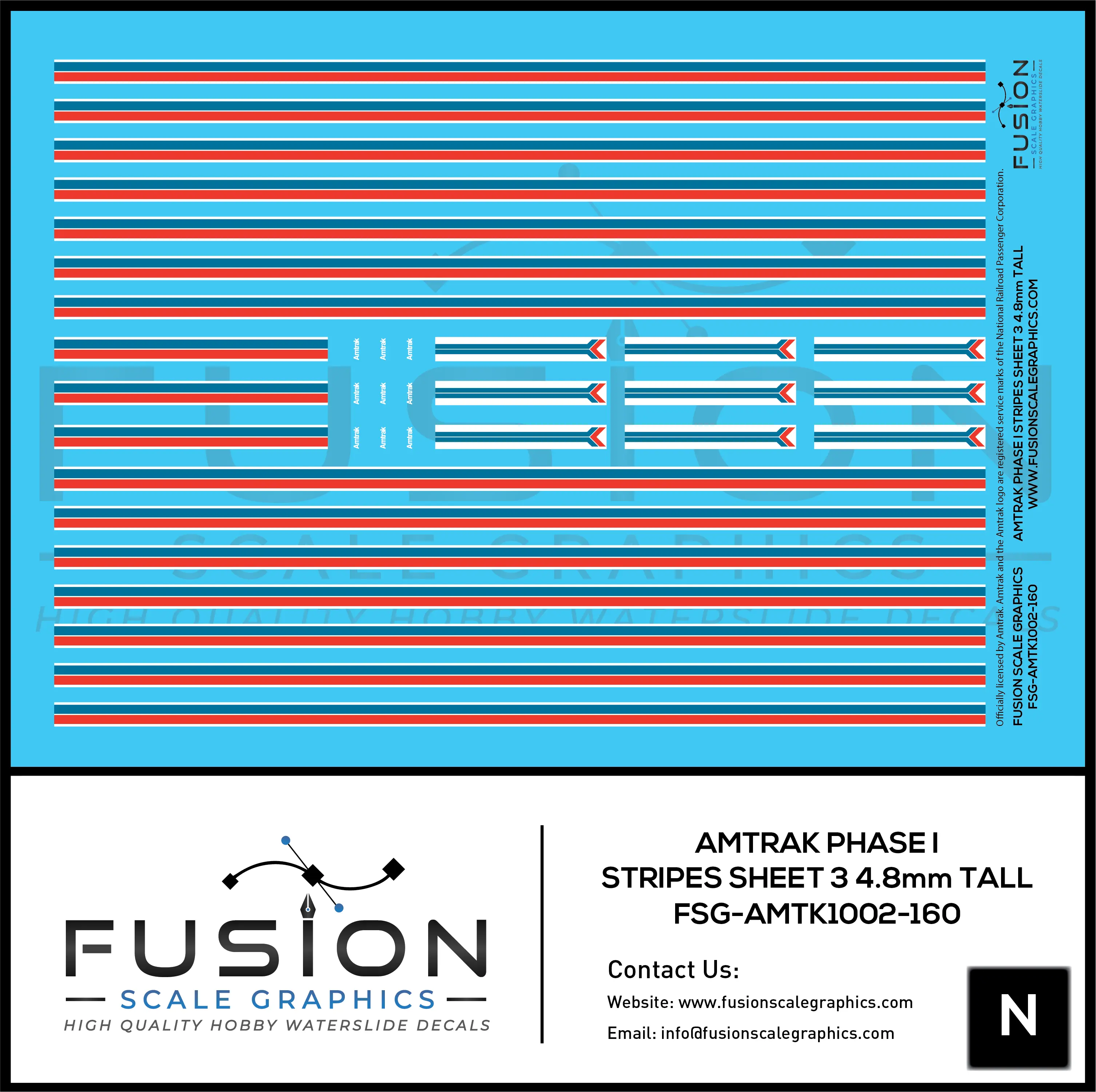 N Scale Amtrak Phase I Stripes Sheet 3 4.8 Tall Decal Set Fusion Scale Graphics