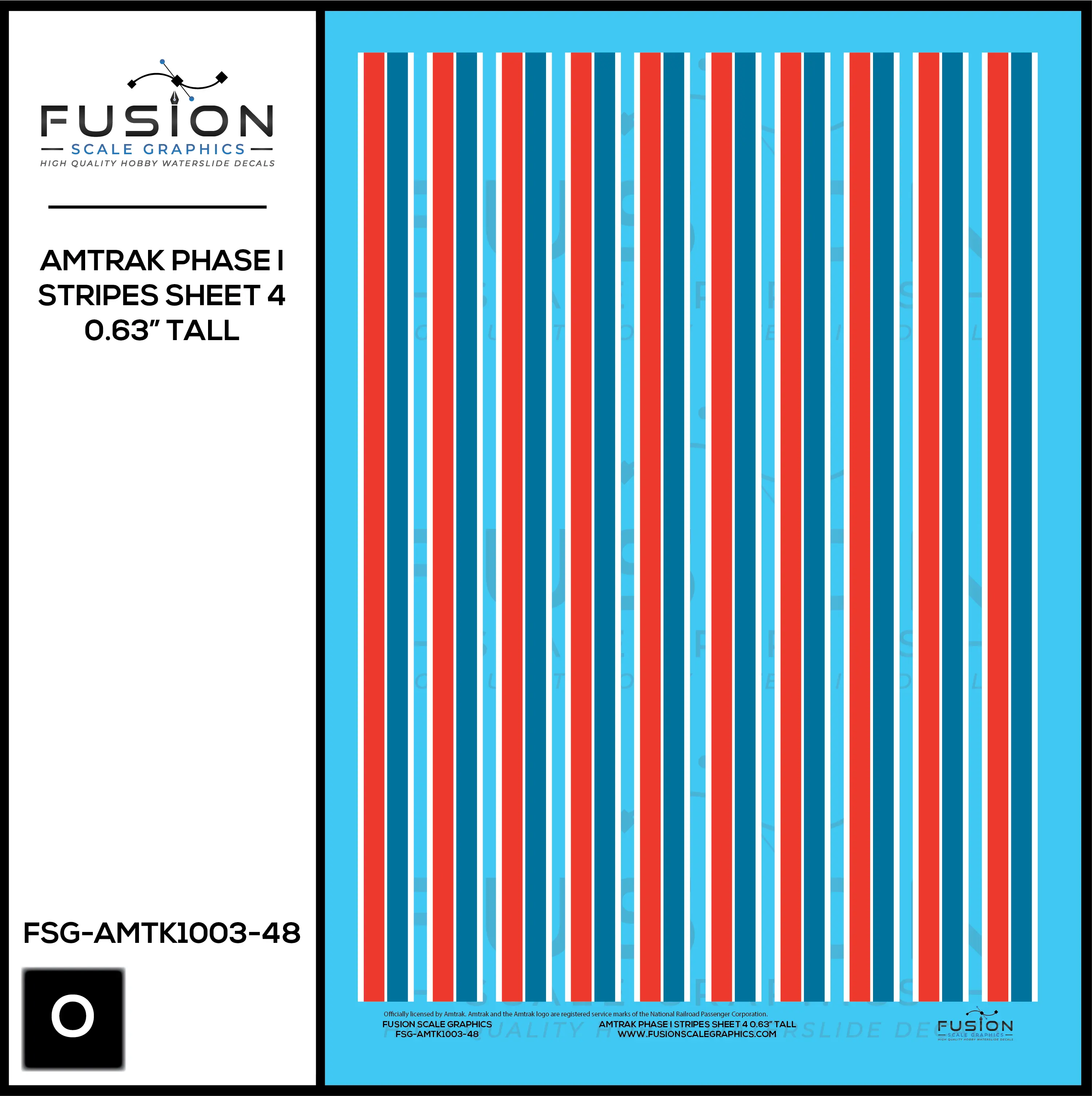 O Scale Amtrak Phase I Stripes Sheet 4 0.63” Tall Decal Set Fusion Scale Graphics