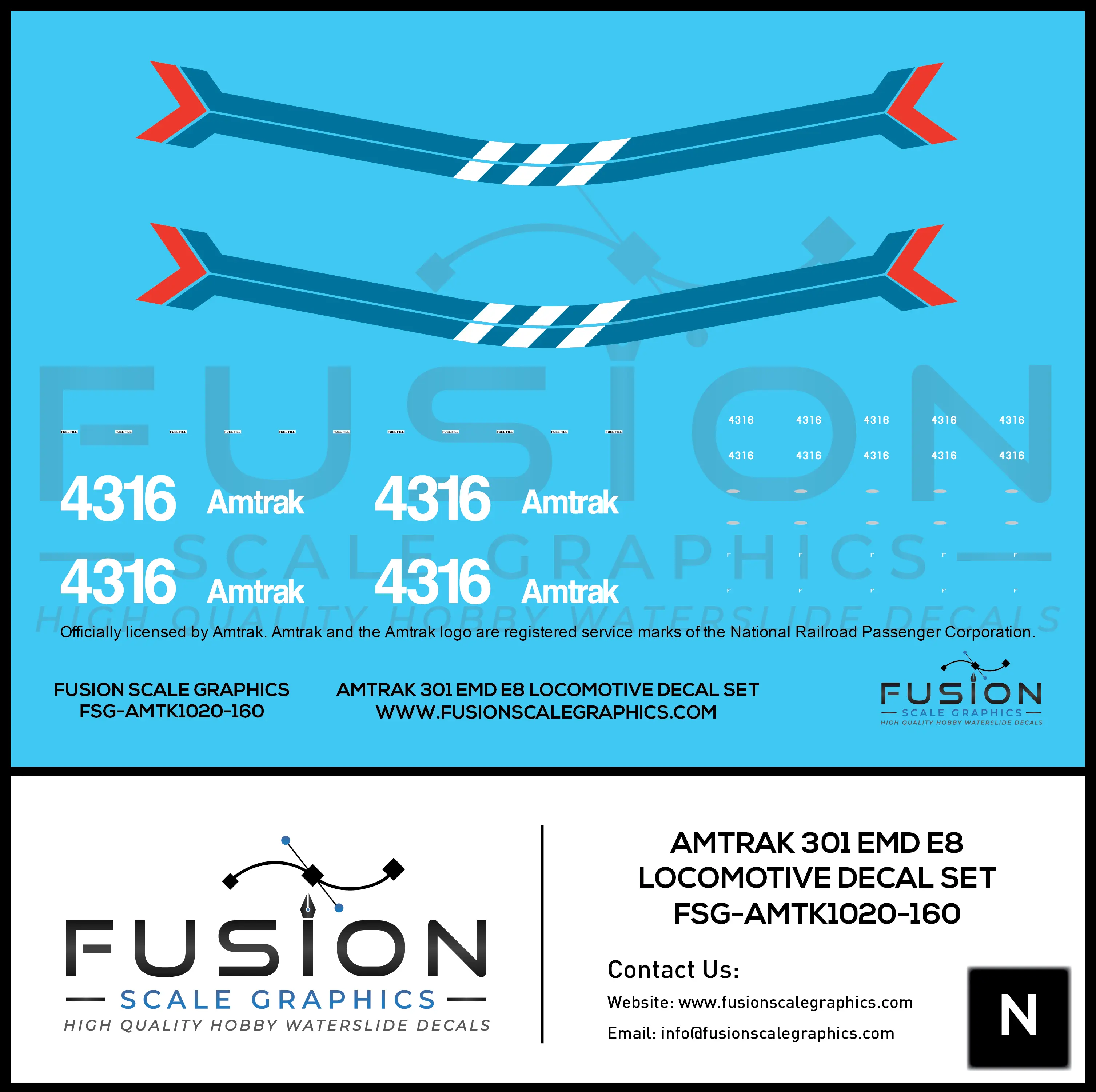 N Scale Amtrak 301 EMD E8 Locomotive Decal Set Fusion Scale Graphics