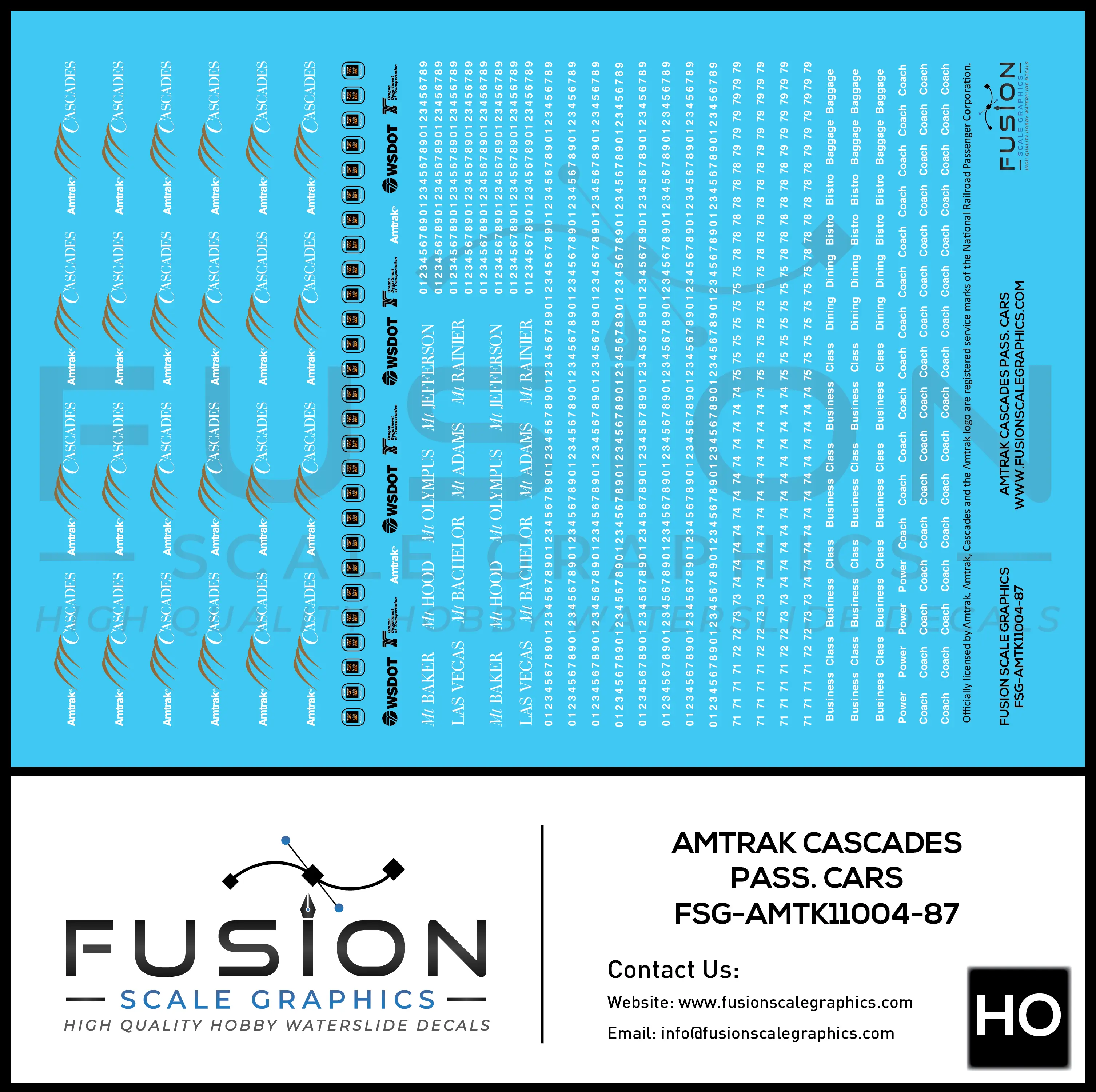HO Scale Amtrak Cascades Passenger Cars Decal Set Fusion Scale Graphics