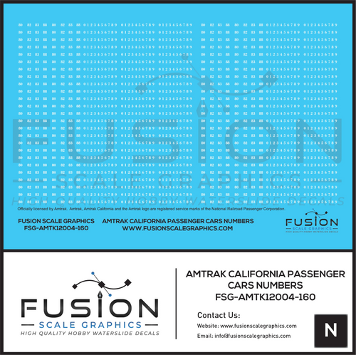 N Scale Amtrak California Passenger Car Numbers Decal Set Fusion Scale Graphics