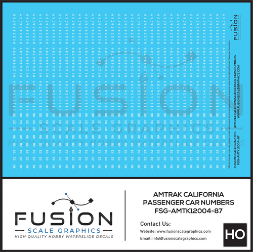 HO Scale Amtrak California Passenger Car Numbers Decal Set Fusion Scale Graphics