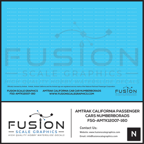 N Scale Amtrak California Passenger Car End CabCar Numberboard Numbers Decal Set Fusion Scale Graphics