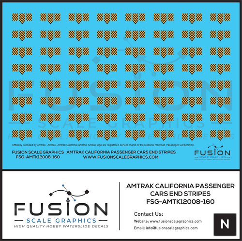 N Scale Amtrak California Passenger Car End CabCar Stripes Yellow Striping Decal Set Fusion Scale Graphics