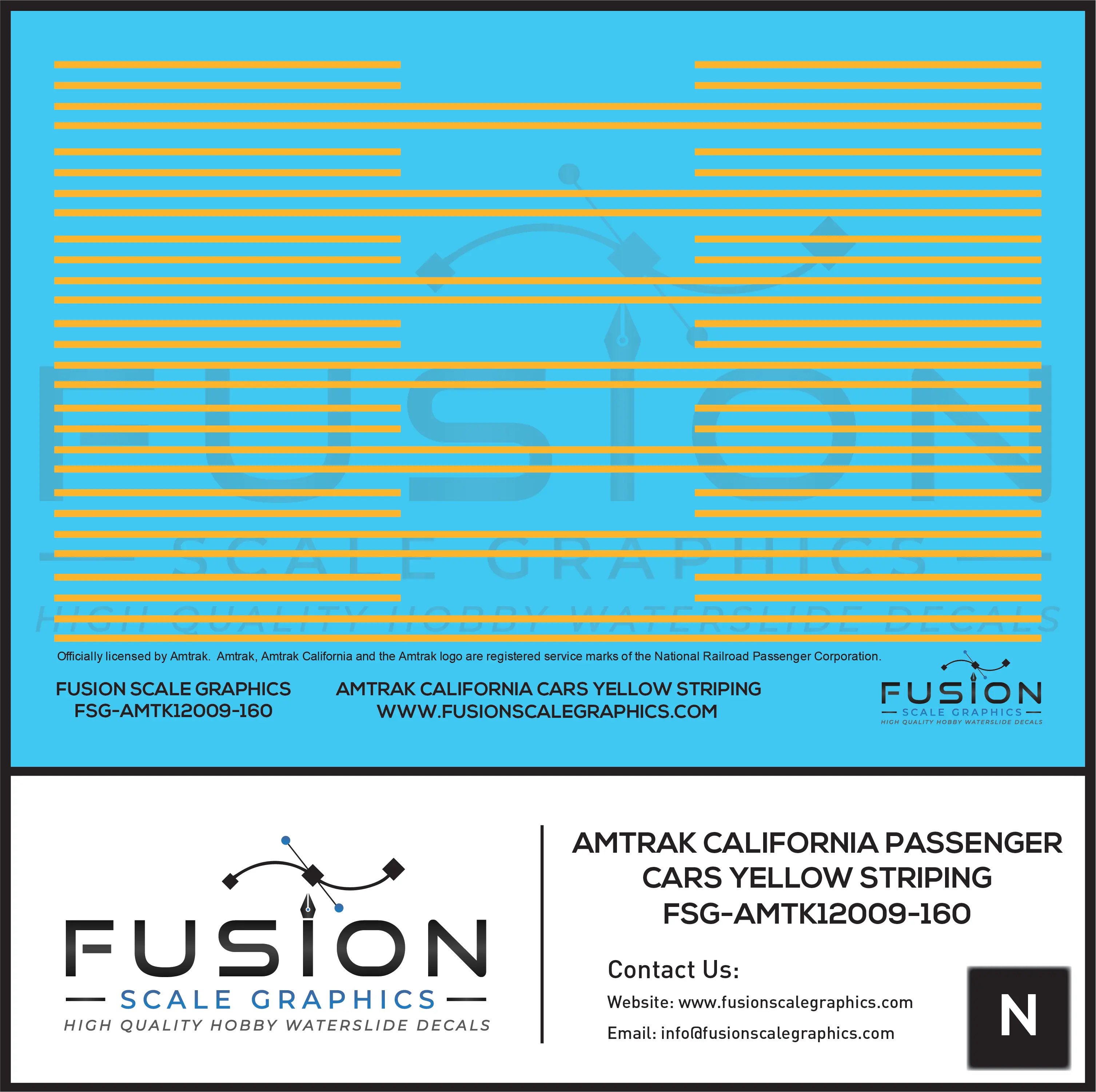 N Scale Amtrak California Passenger Car Yellow Striping Decal Set Fusion Scale Graphics