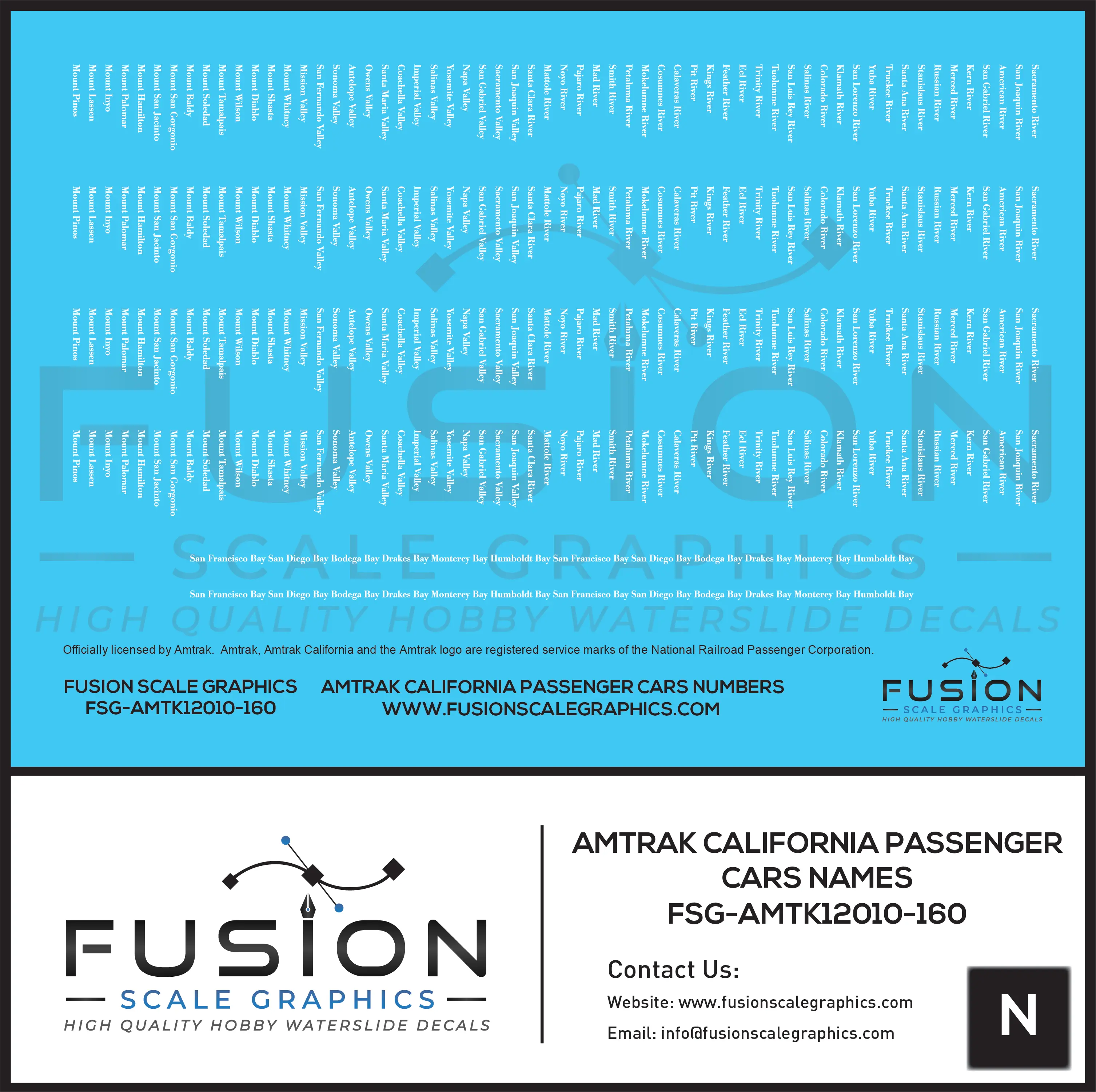 N Scale Amtrak California Passenger Car Names Decal Set Fusion Scale Graphics
