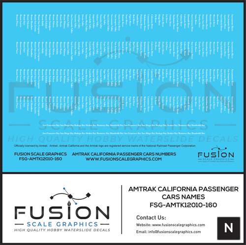 N Scale Amtrak California Passenger Car Names Decal Set Fusion Scale Graphics