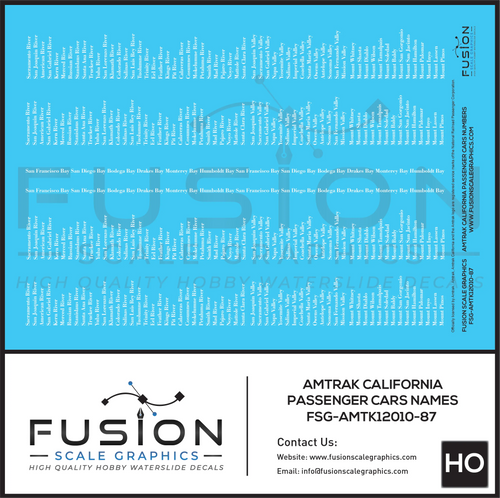 HO Scale Amtrak California Passenger Car Names Decal Set Fusion Scale Graphics
