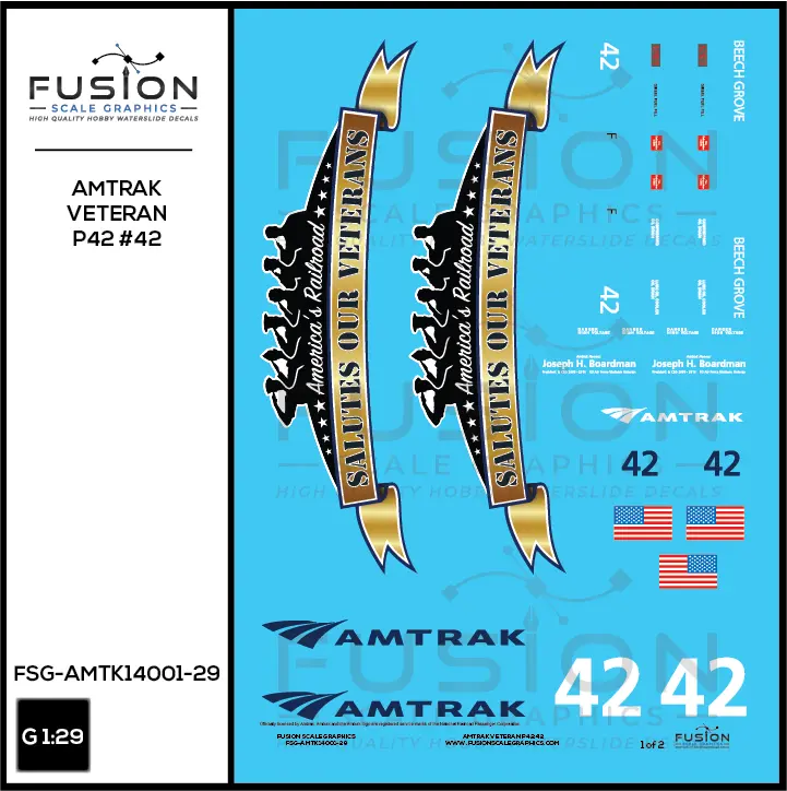 G Scale 1:29 Amtrak GE P42 Veterans 42 Decal Set Fusion Scale Graphics
