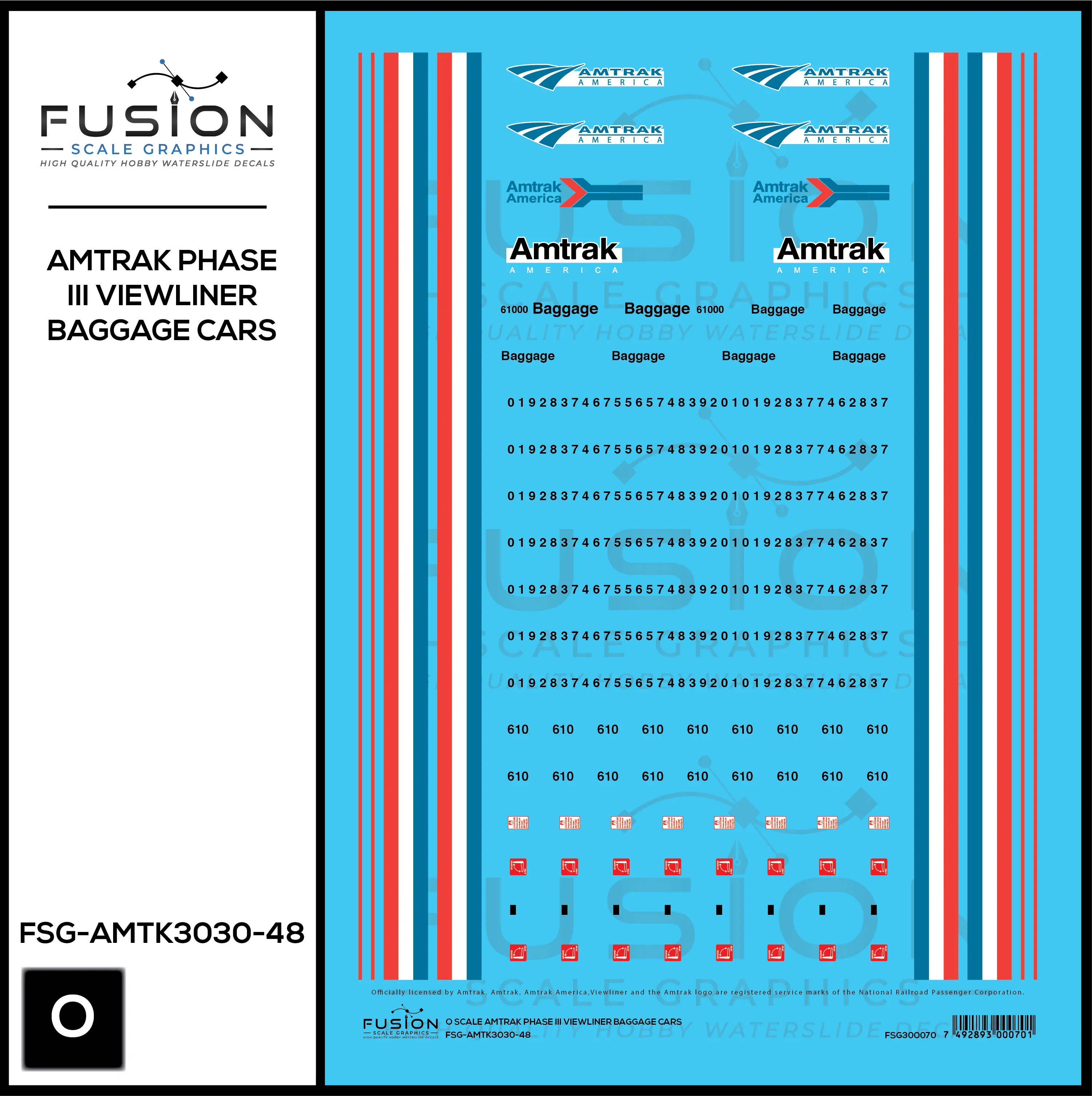 O Scale Amtrak Phase III Viewliner Baggage Cars Decal Set Fusion Scale Graphics