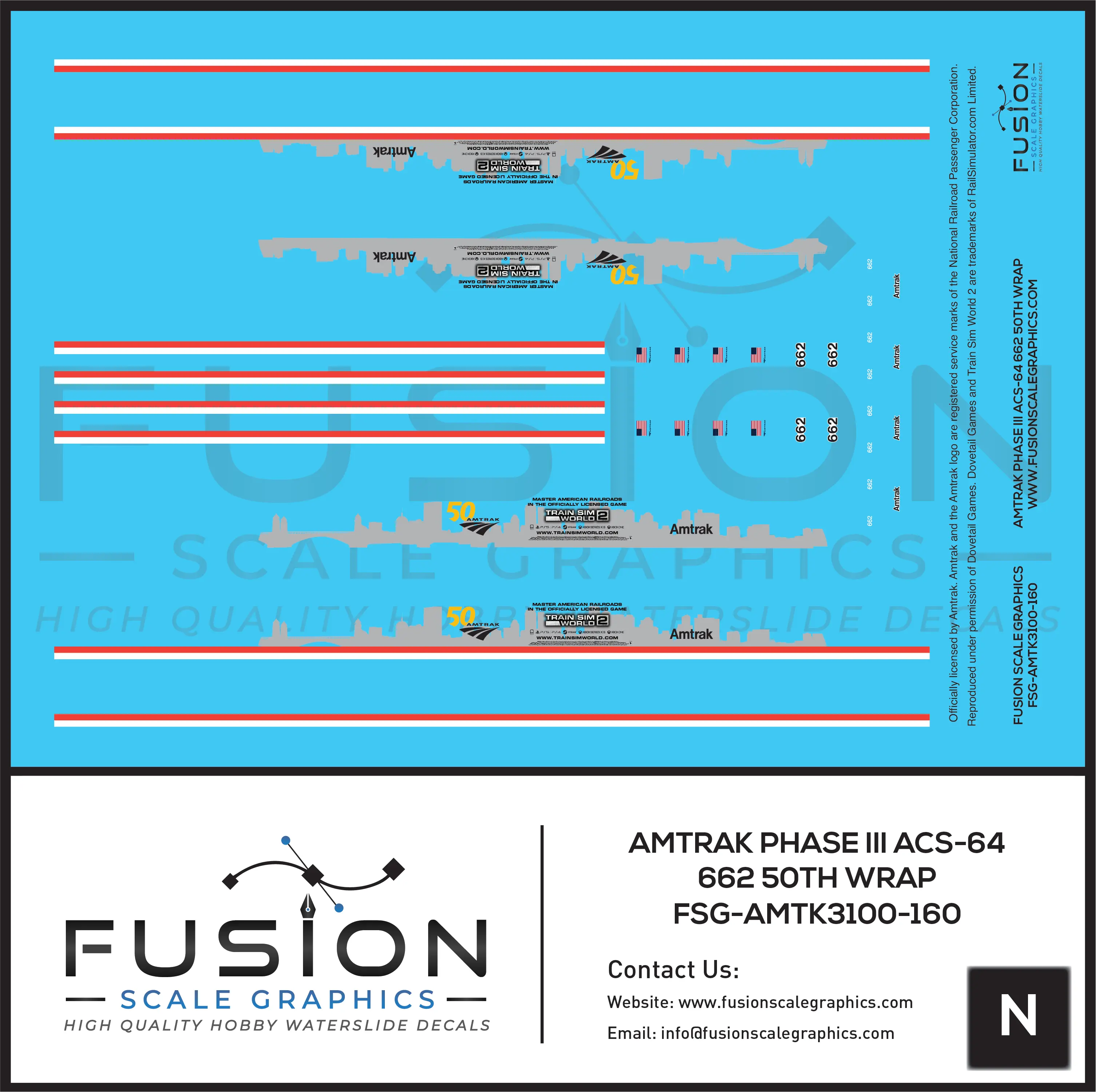 N Scale Amtrak Phase III ACS-64 662 50th Train Sim Locomotive Decal Set Fusion Scale Graphics