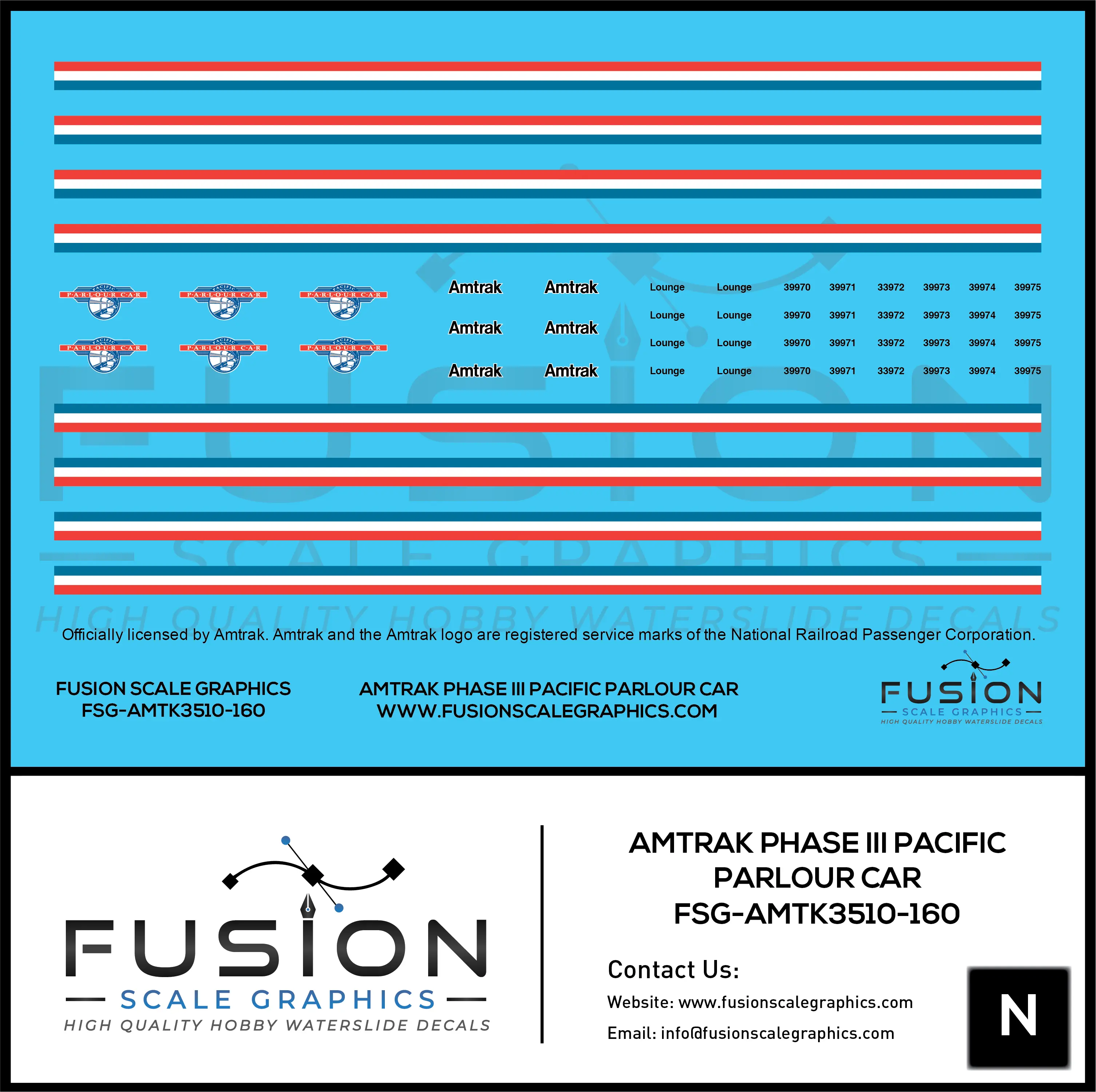 N Scale Amtrak Phase III Pacific Parlour Car Decal Set Fusion Scale Graphics