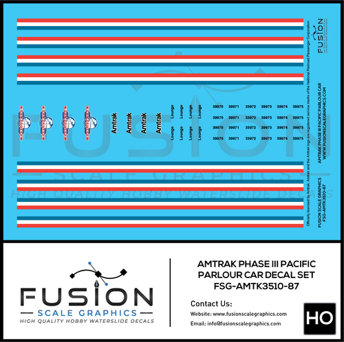 HO Scale Amtrak Phase III Pacific Parlour Car Decal Set Fusion Scale Graphics