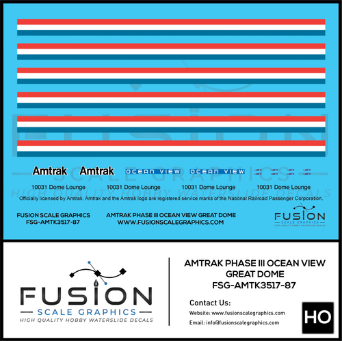 HO Scale Amtrak Phase III Ocean View Great Dome 10031 Decal Set Fusion Scale Graphics