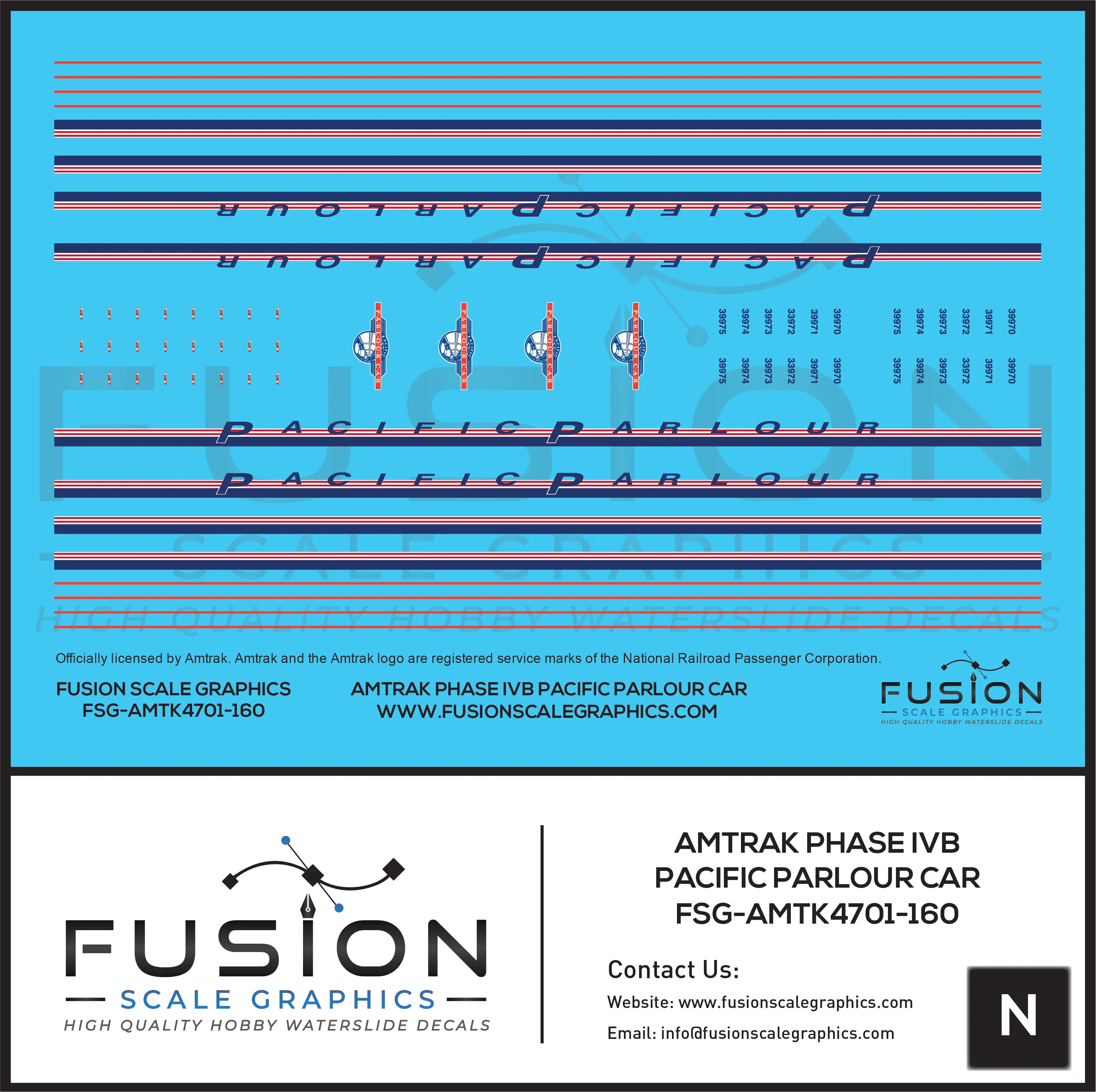 N Scale Amtrak Phase IVb Pacific Parlour Car Decal Set Fusion Scale Graphics