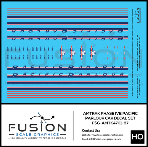 HO Scale Amtrak Phase IVb Pacific Parlour Car Decal Set Fusion Scale Graphics