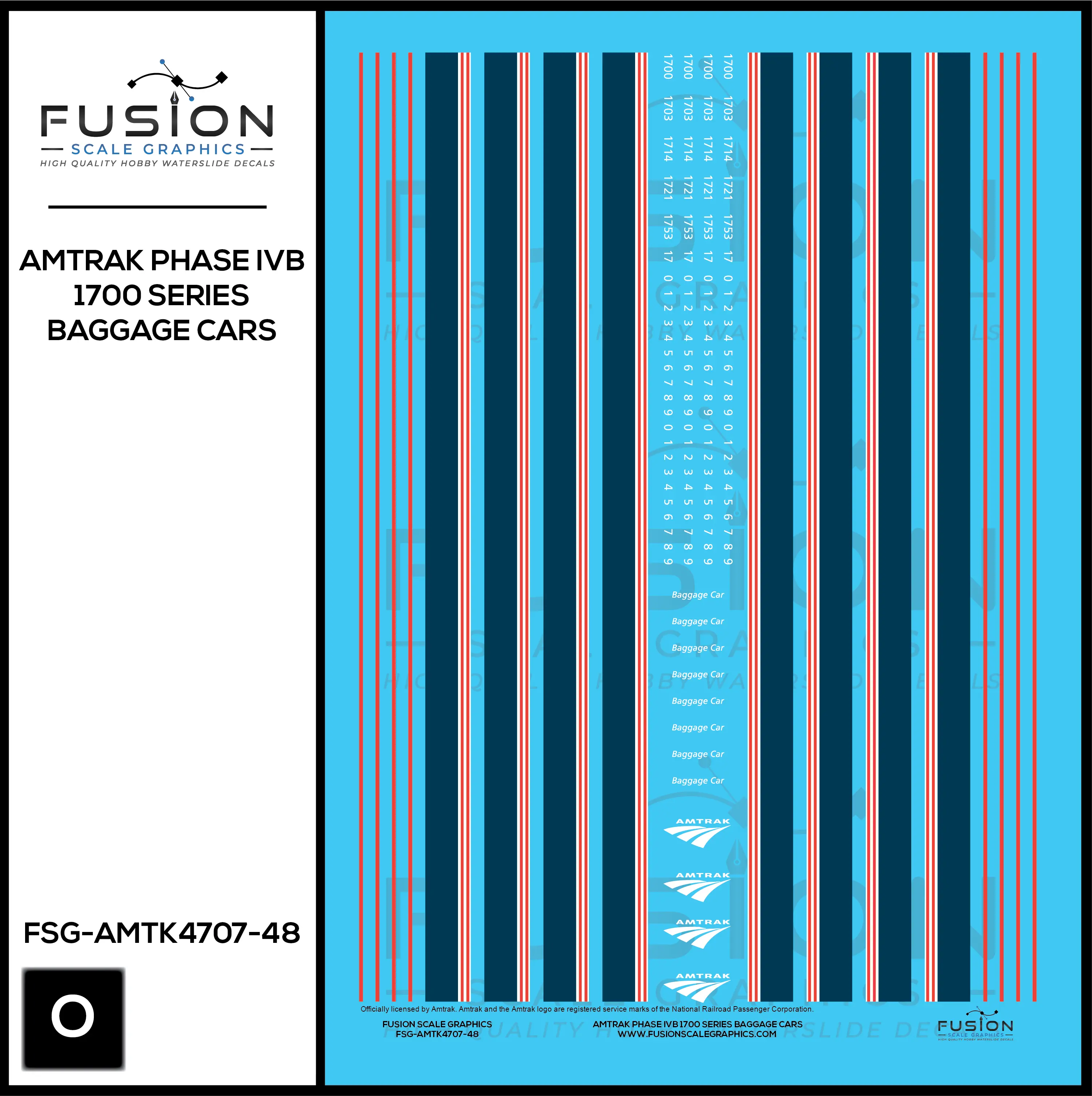O Scale Amtrak Phase IVb 1700 Series Baggage Cars Decal Set Fusion Scale Graphics