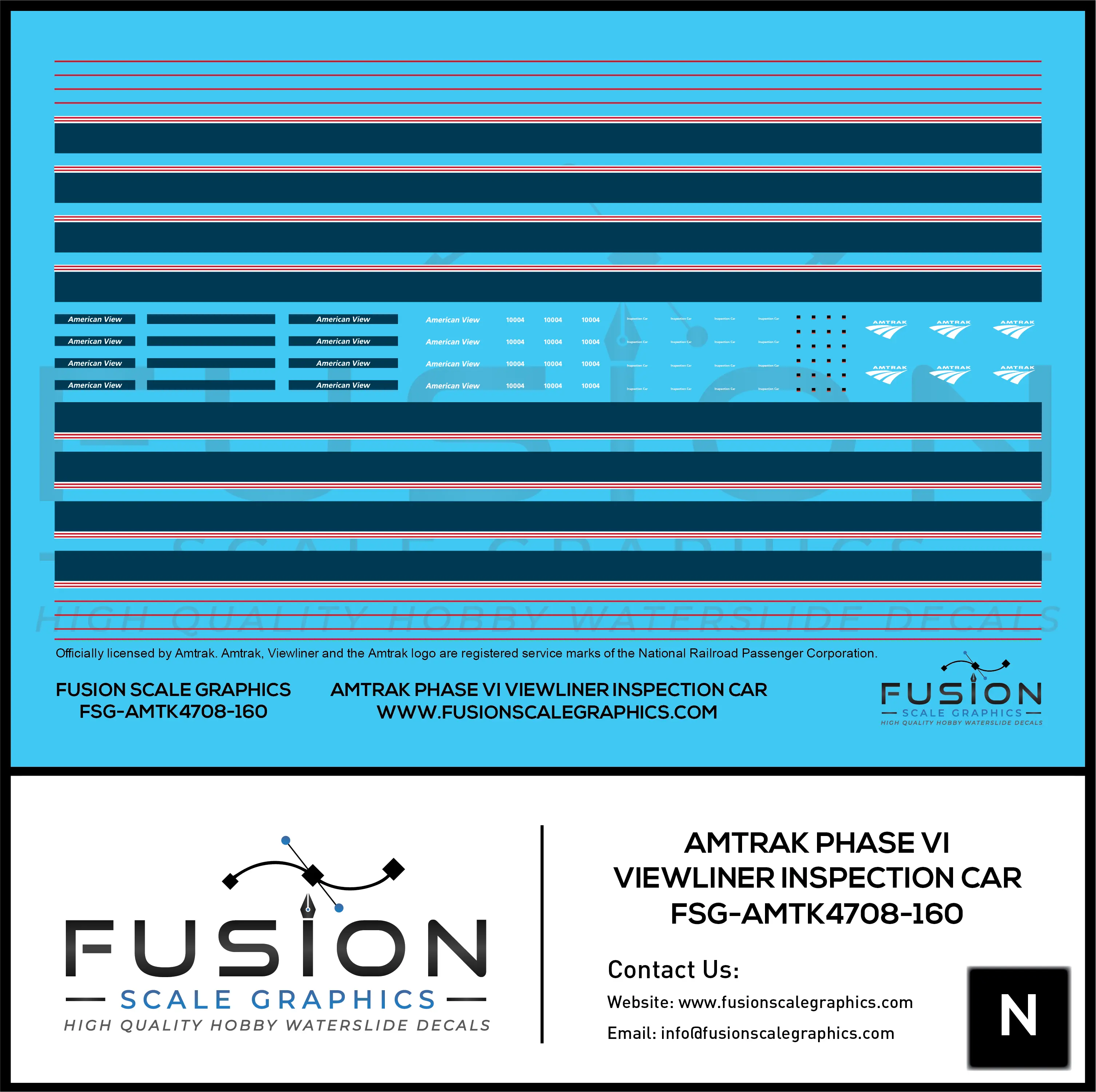 N Scale Amtrak Phase VI Viewliner Inspection Car Decal Set Fusion Scale Graphics