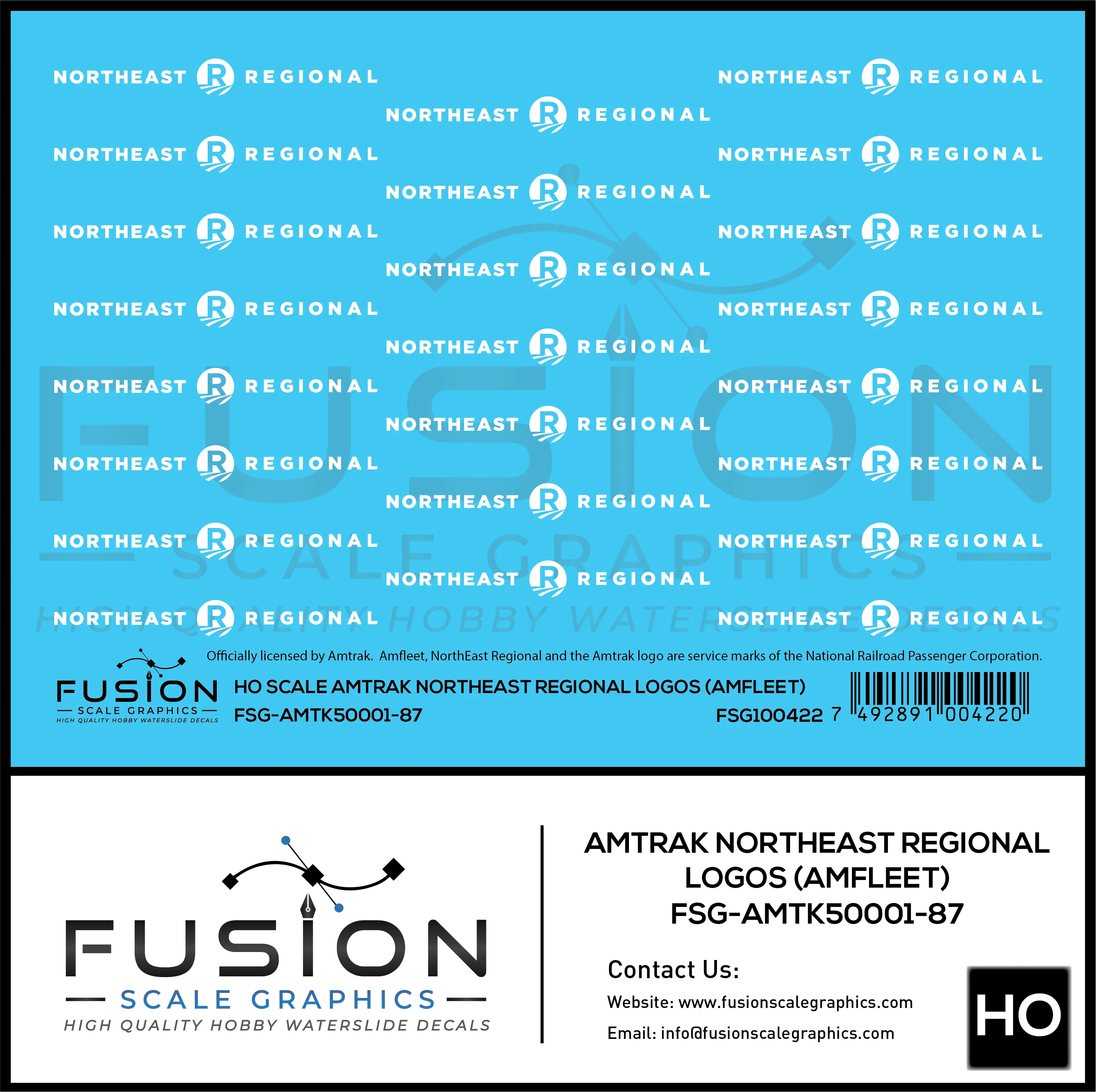 HO Scale Amtrak Northeast Regional Amfleet Logos Decal Set Fusion Scale Graphics