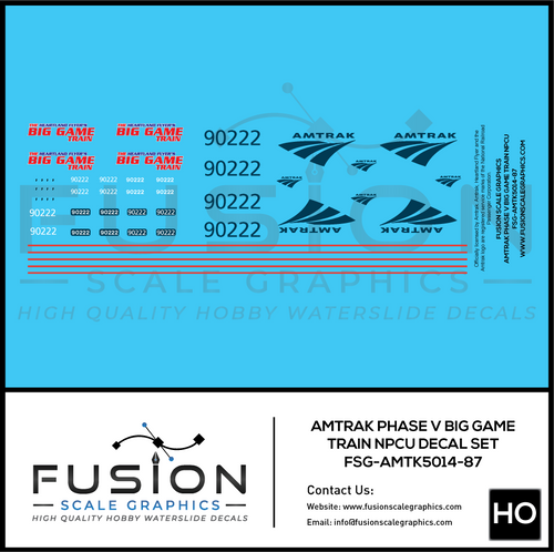 HO Scale Amtrak Phase V Big Game Train NPCU Decal Set Fusion Scale Graphics