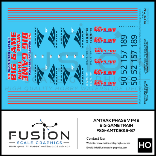 HO Scale Amtrak Phase V P42 Big Game Train Locomotives Decal Set Fusion Scale Graphics
