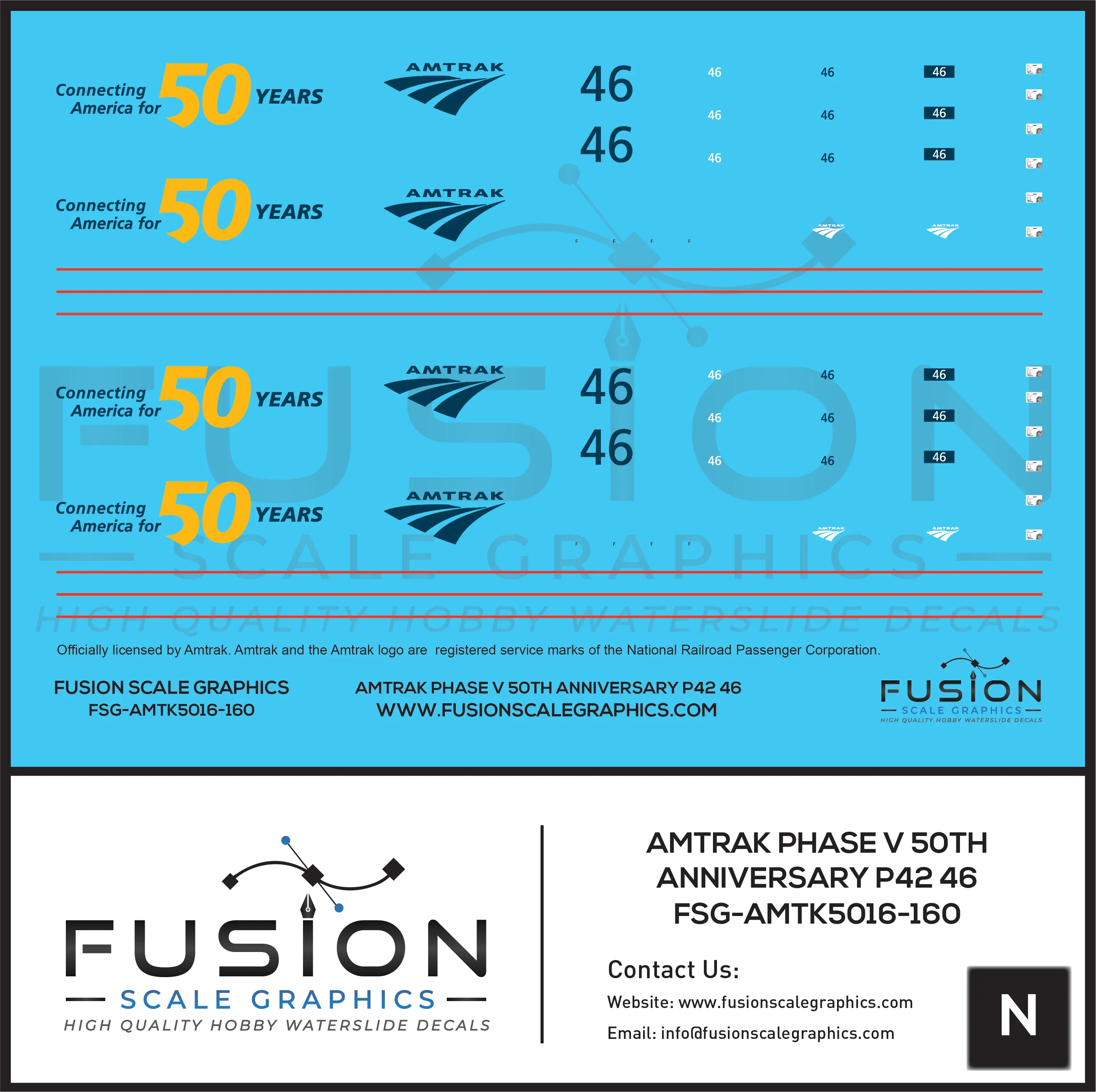 N Scale Amtrak Phase V 50th Anniversary P42 46 Locomotive Decal Set Fusion Scale Graphics