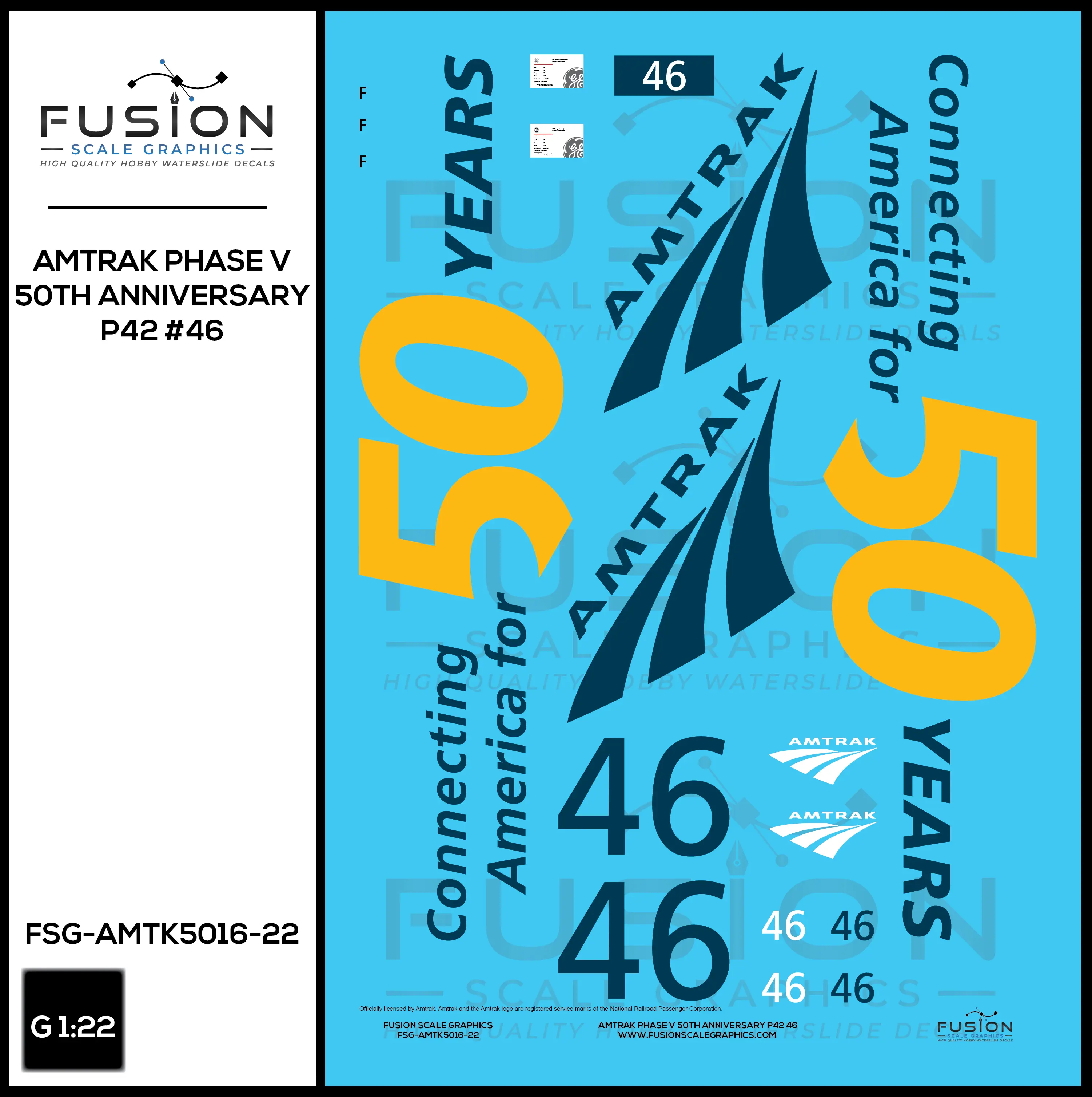 G Scale 1:22 Amtrak Phase V 50th Anniversary P42 46 Locomotive Decal Set Fusion Scale Graphics
