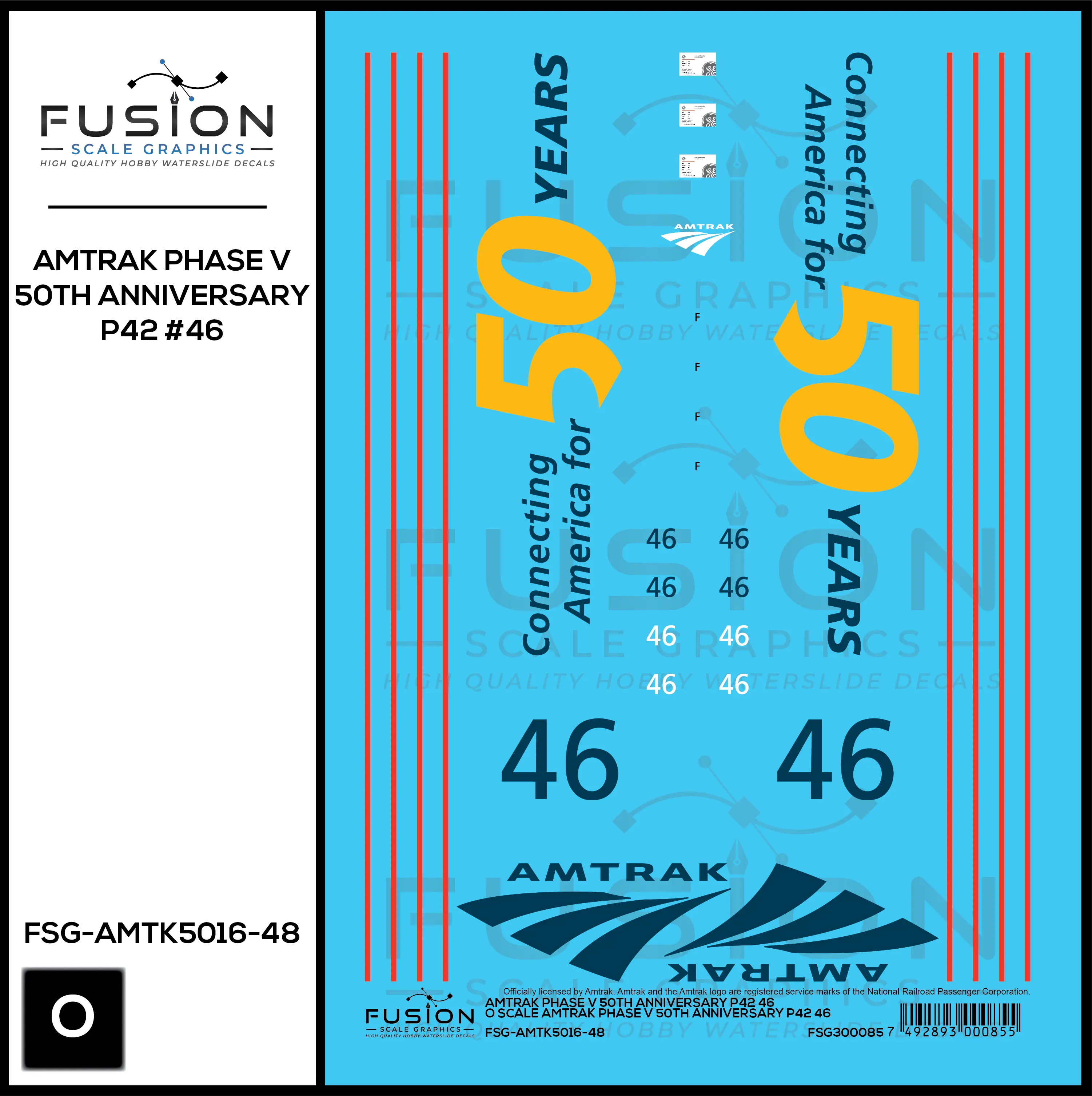O Scale Amtrak Phase V 50th Anniversary P42 46 Locomotive Decal Set Fusion Scale Graphics