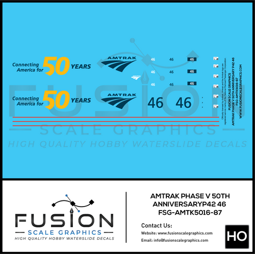 HO Scale Amtrak Phase V 50th Anniversary P42 46 Locomotive Decal Set Fusion Scale Graphics