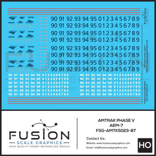 HO Scale Amtrak Phase V AEM-7 Locomotive Decal Set Fusion Scale Graphics