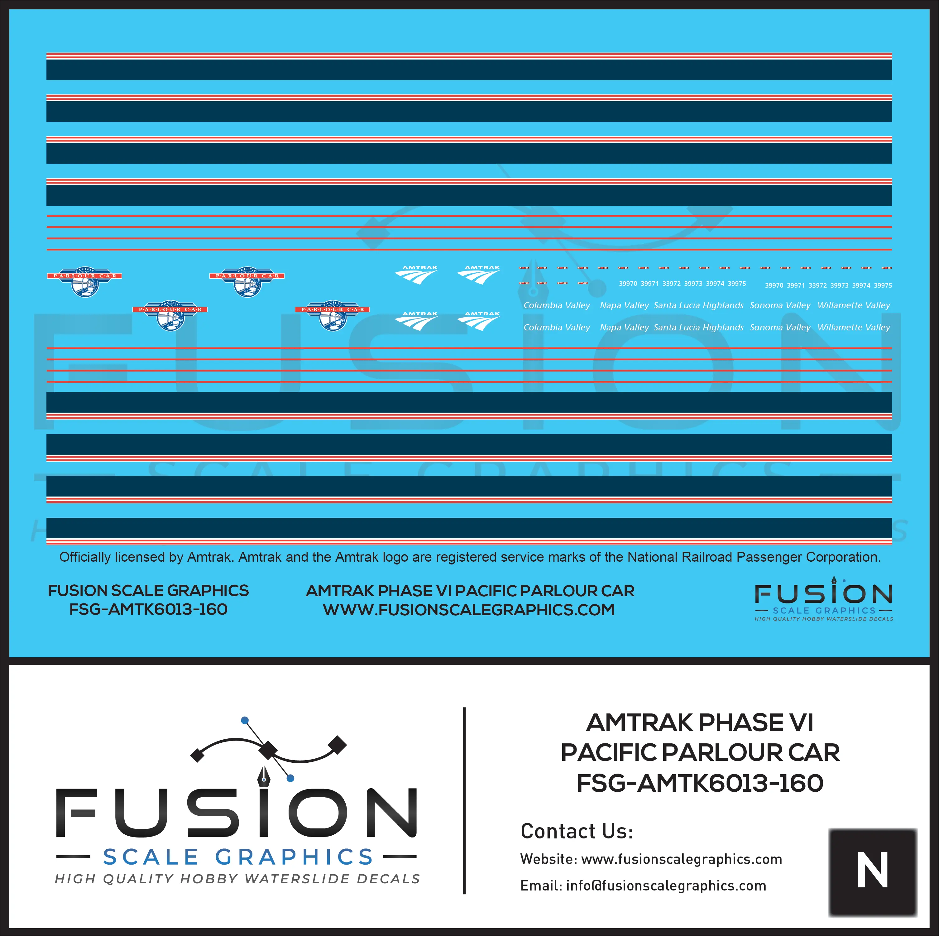 N Scale Amtrak Phase VI Pacific Parlour Car Decal Set Fusion Scale Graphics