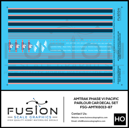HO Scale Amtrak Phase VI Pacific Parlour Car Decal Set Fusion Scale Graphics