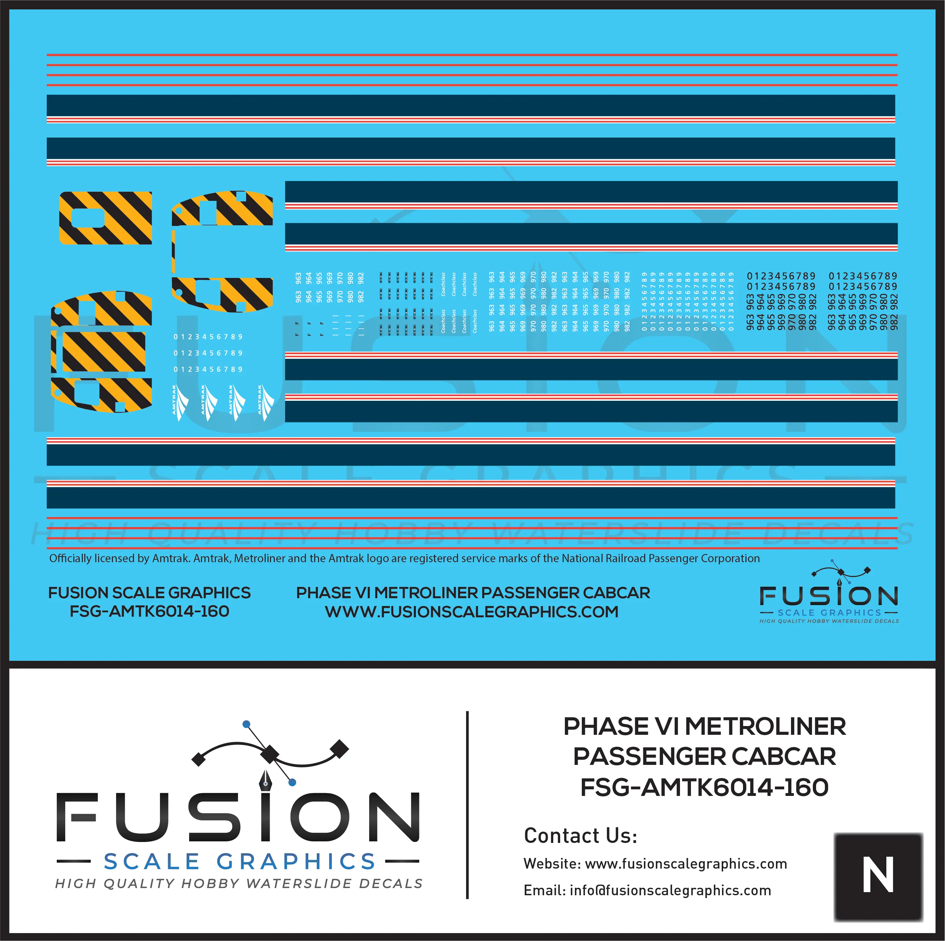 N Scale Amtrak Phase VI Metroliner Passenger Cabcar Decal Set Fusion Scale Graphics