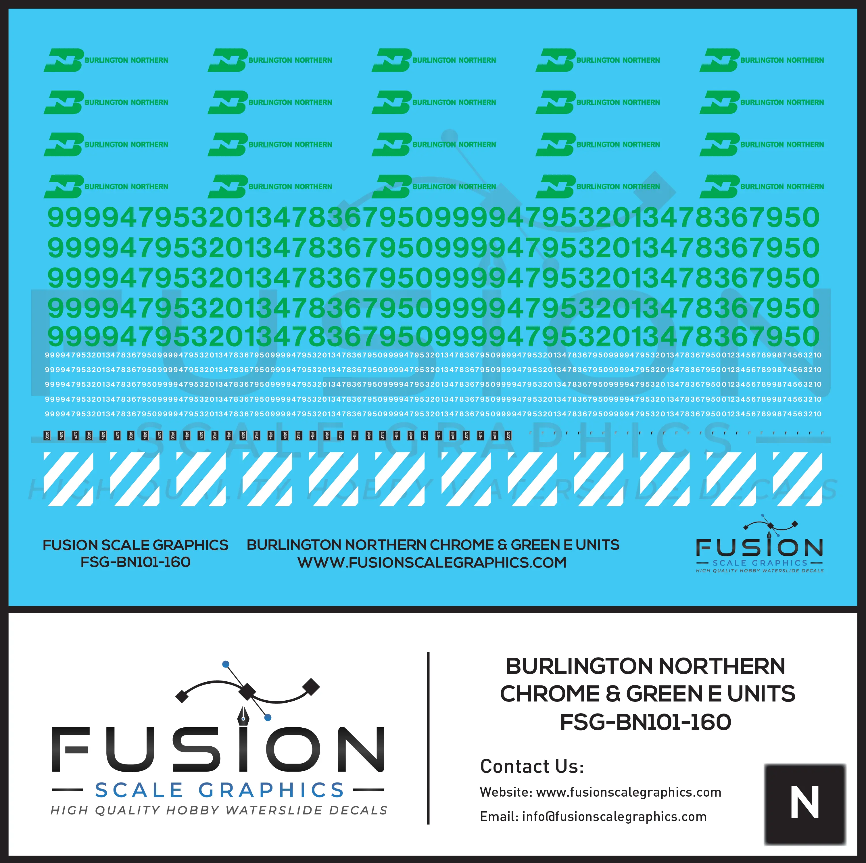 N Scale Burlington Northern Chrome & Green E8 E9 Locomotive Decal Set Fusion Scale Graphics
