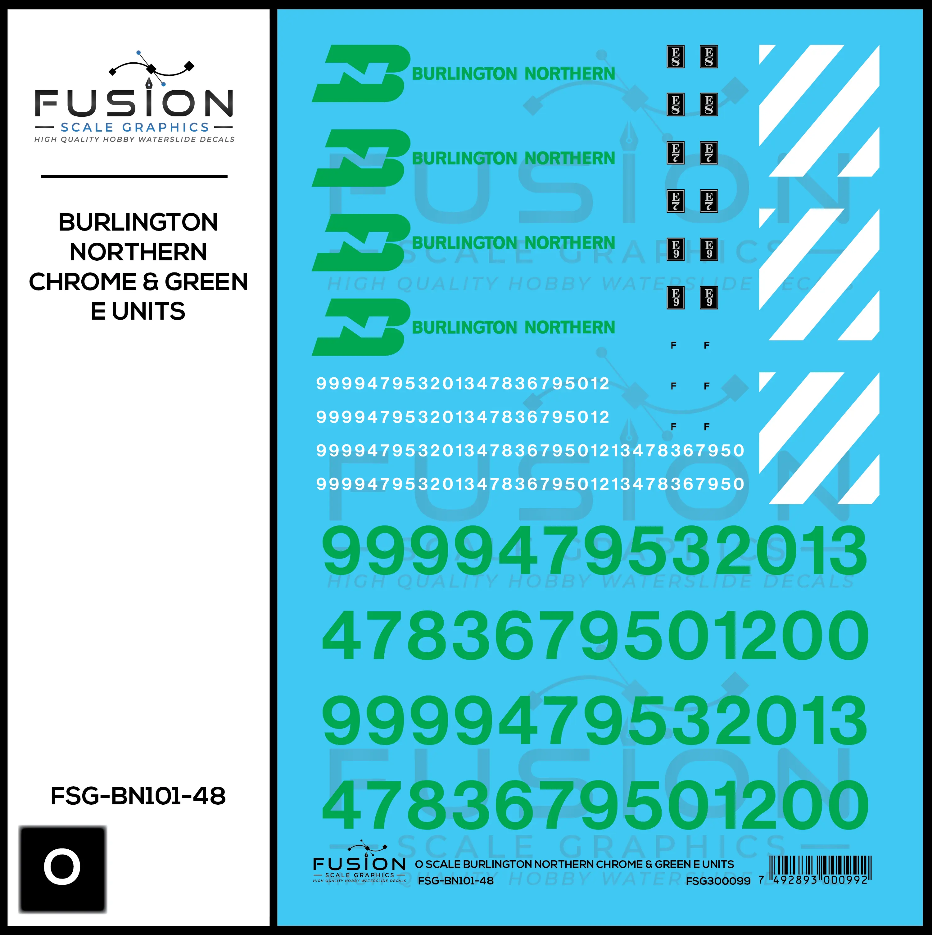 O Scale Burlington Northern Chrome & Green E Units Decal Set Fusion Scale Graphics