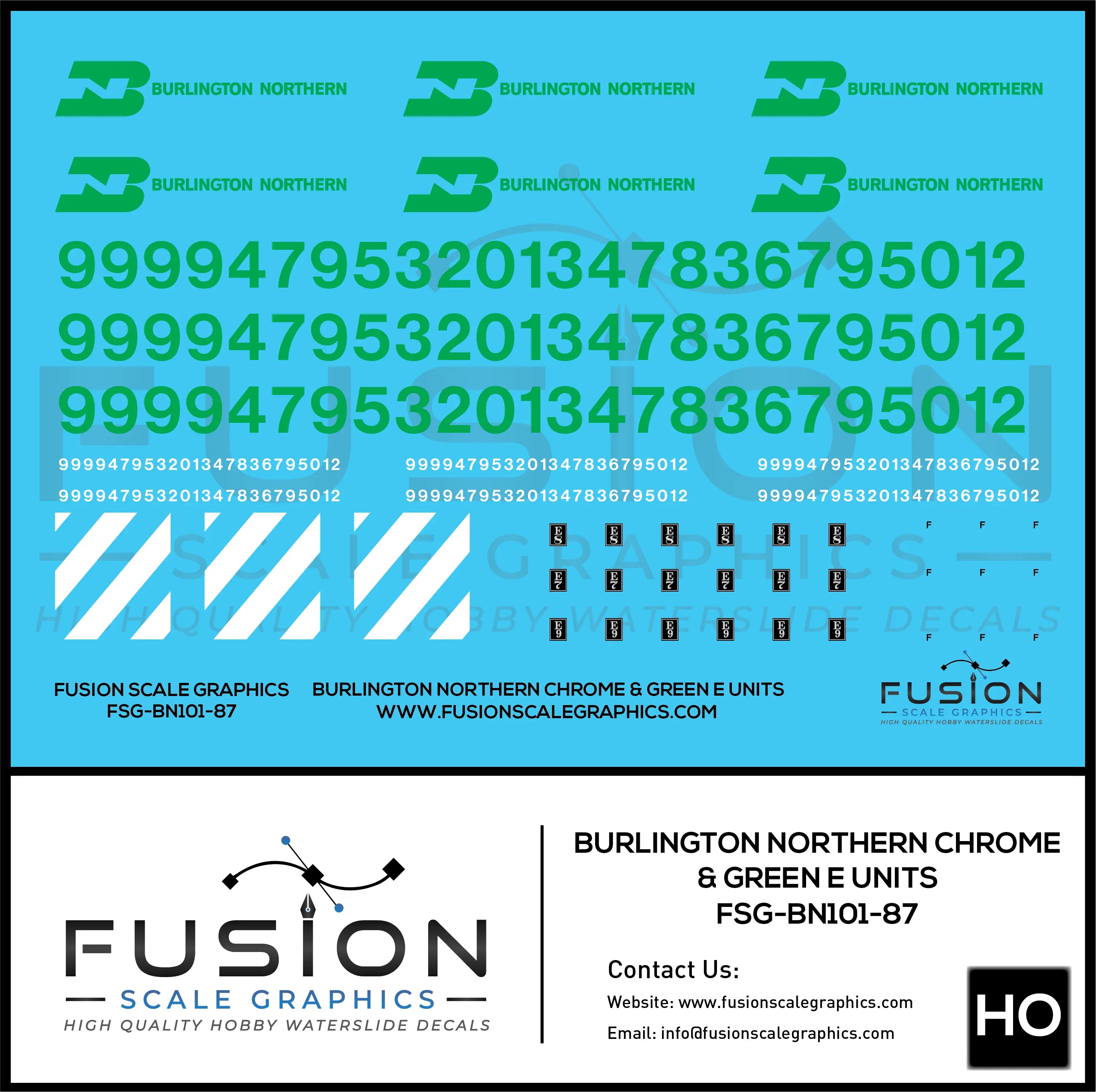 HO Scale Burlington Northern Chrome & Green E8 E9 Locomotive Decal Set Fusion Scale Graphics