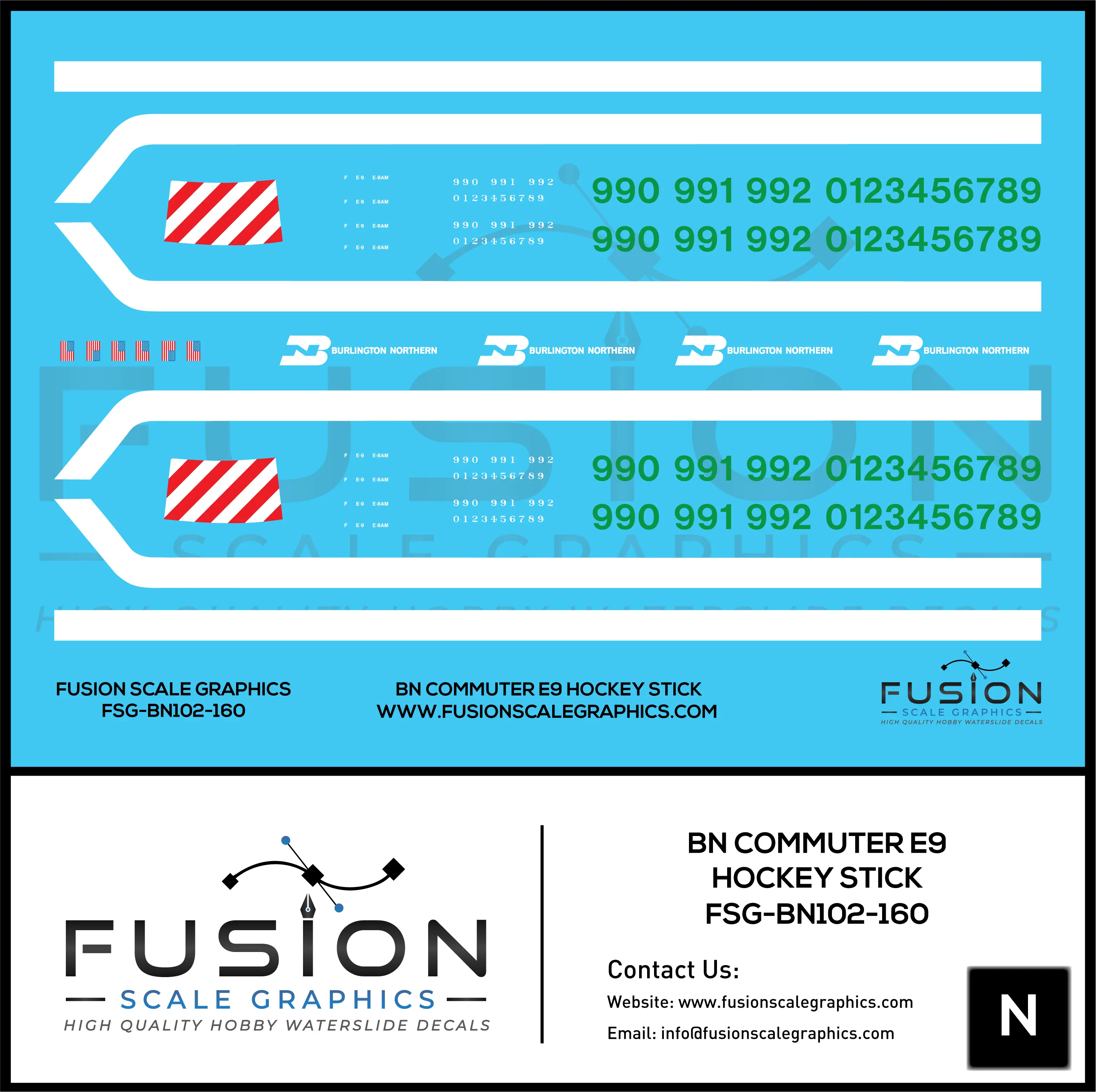 N Scale Burlington Northern Commuter E9 Hockey Stick Locomotive Decal Set Fusion Scale Graphics