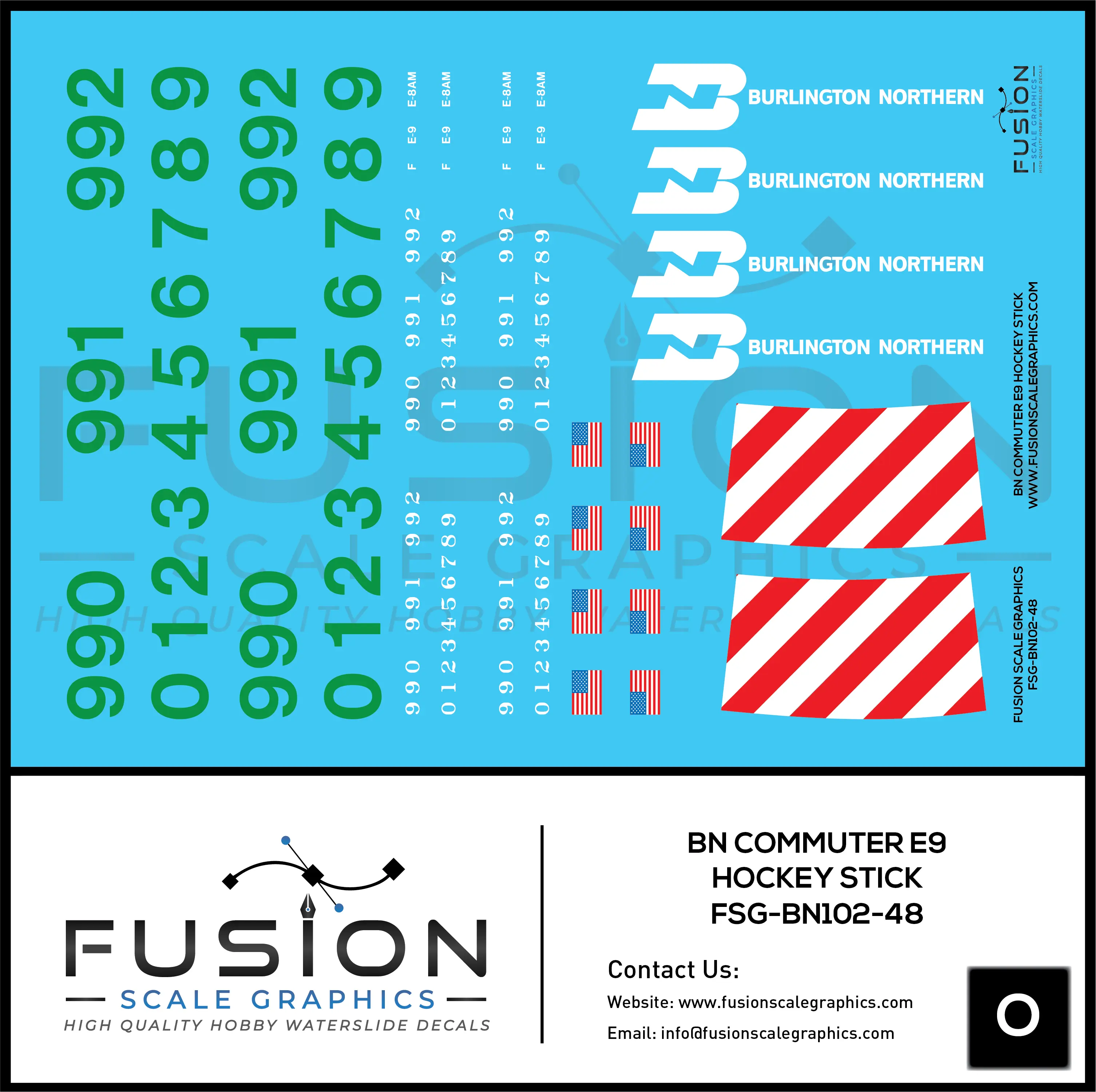 O Scale Burlington Northern Commuter E9 Hockey Stick Locomotive Decal Set Fusion Scale Graphics
