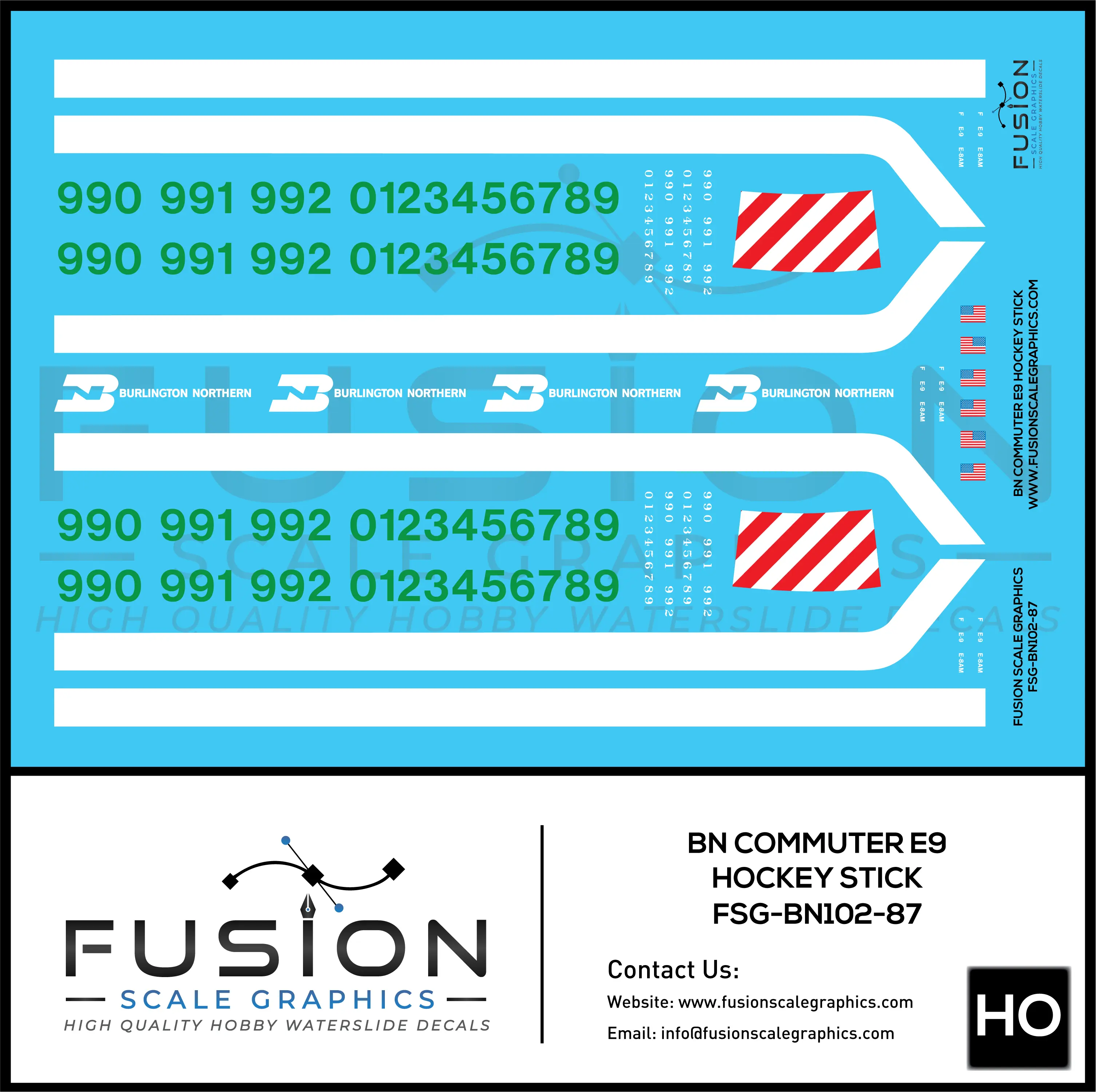 HO Scale Burlington Northern Commuter E9 Hockey Stick Locomotive Decal Set Fusion Scale Graphics