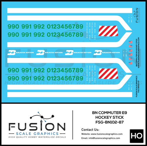 HO Scale Burlington Northern Commuter E9 Hockey Stick Locomotive Decal Set Fusion Scale Graphics