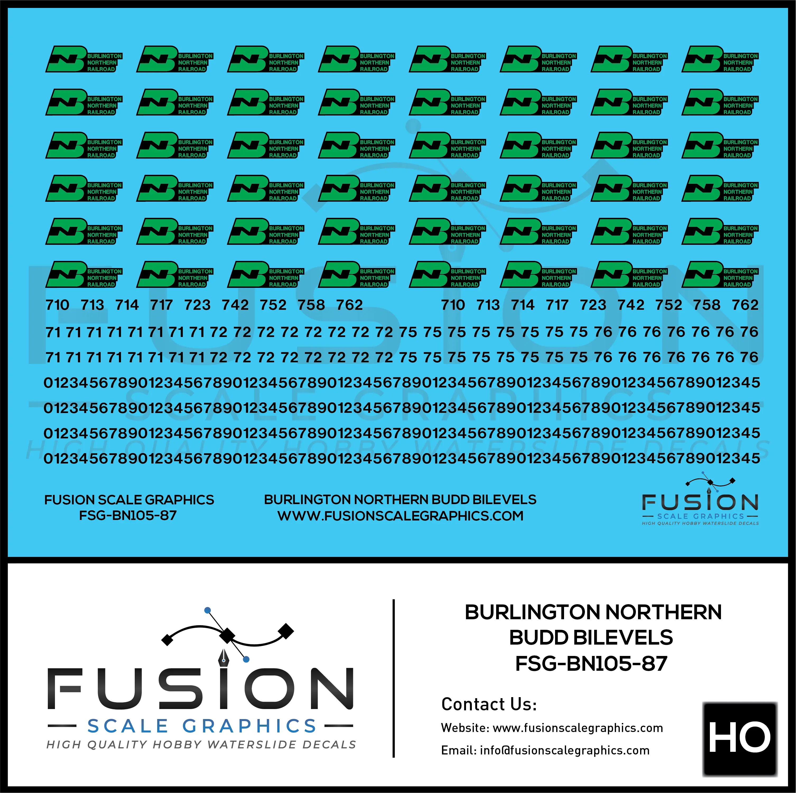 HO Scale Burlington Northern Green/Black Logo Budd Car Decal Set Fusion Scale Graphics