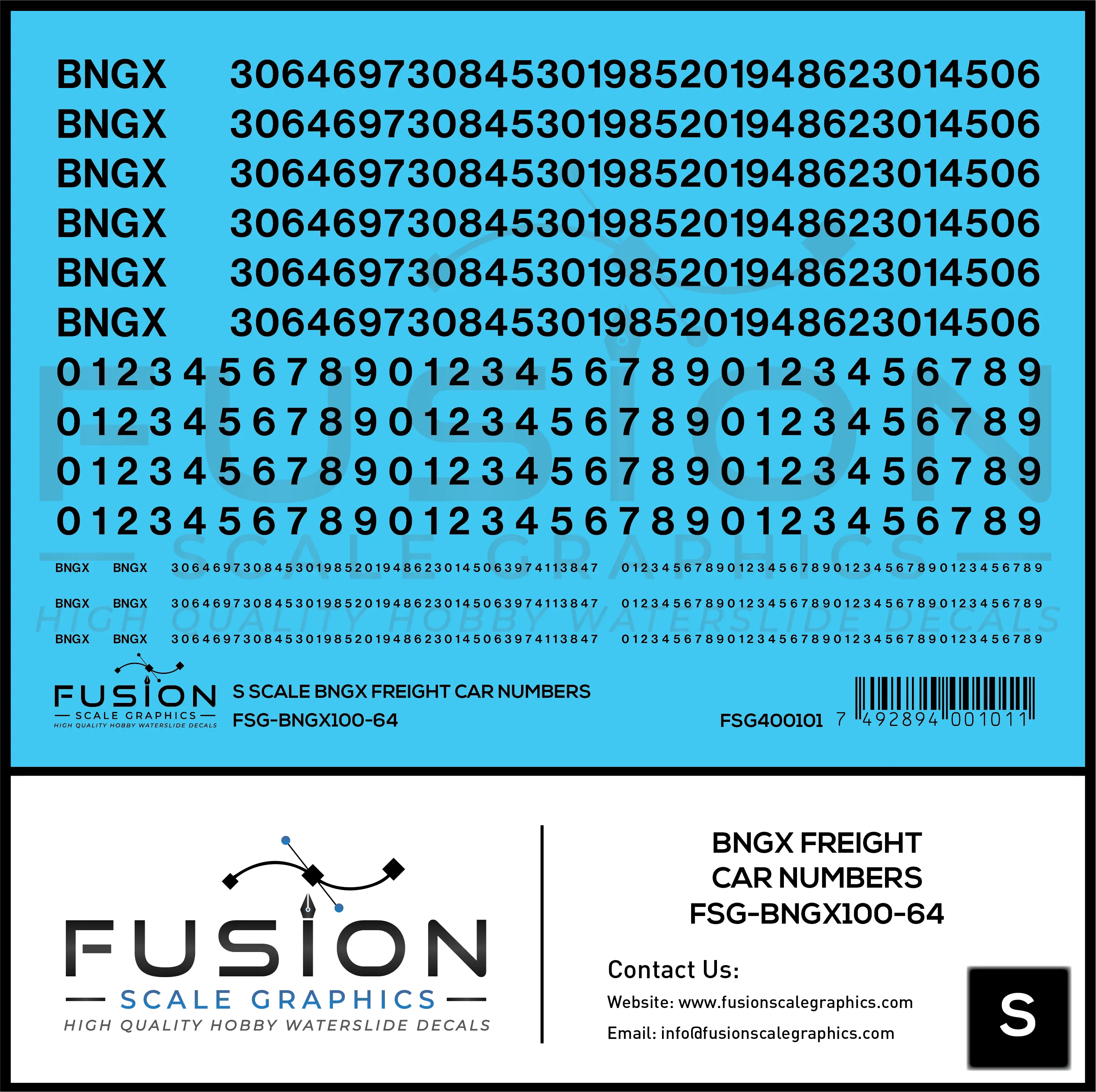 S Scale BNGX Freight Car Number Patching Decal Set Fusion Scale Graphics
