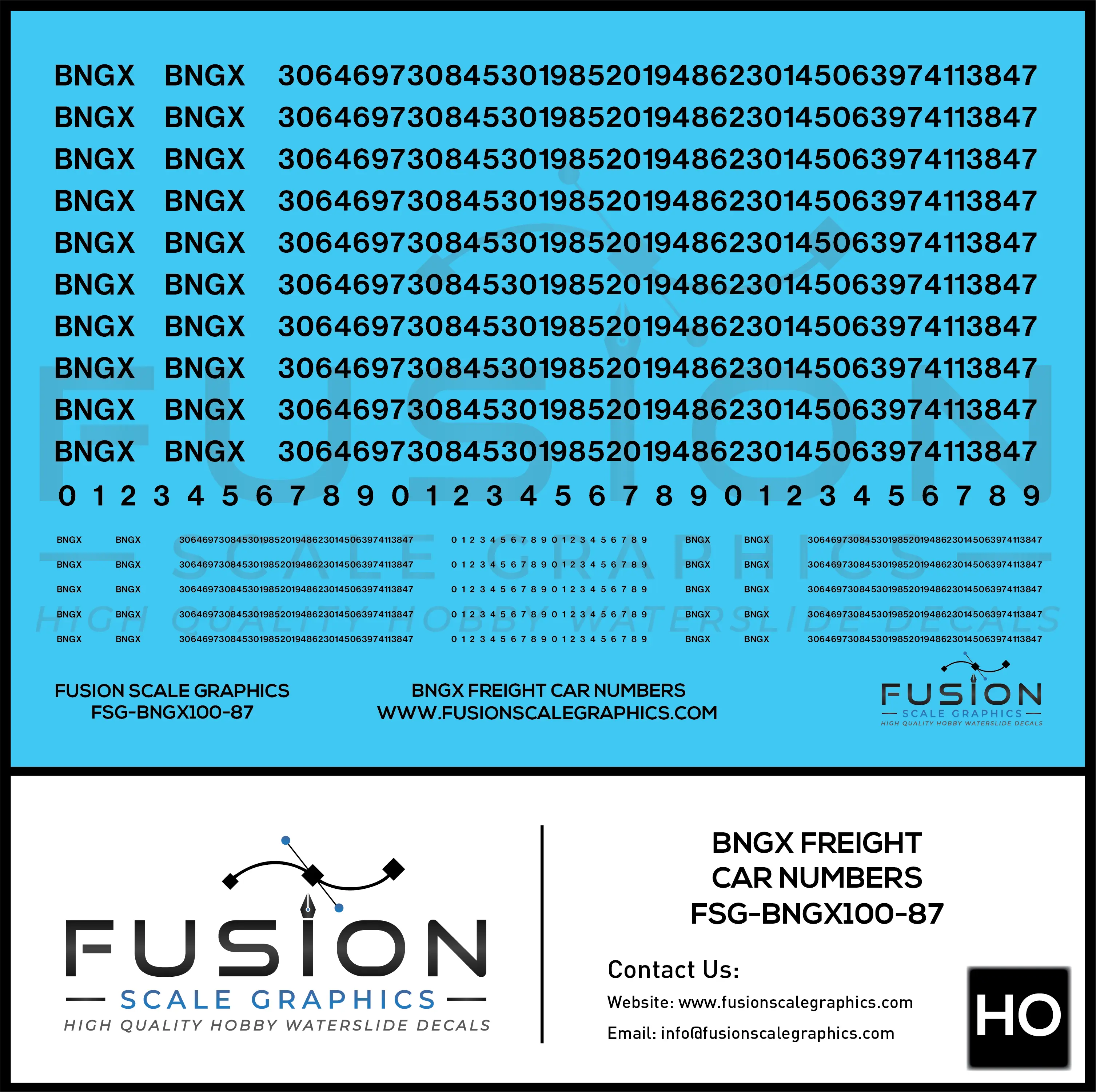 HO Scale BNGX Freight Car Numbering Decal Set Fusion Scale Graphics
