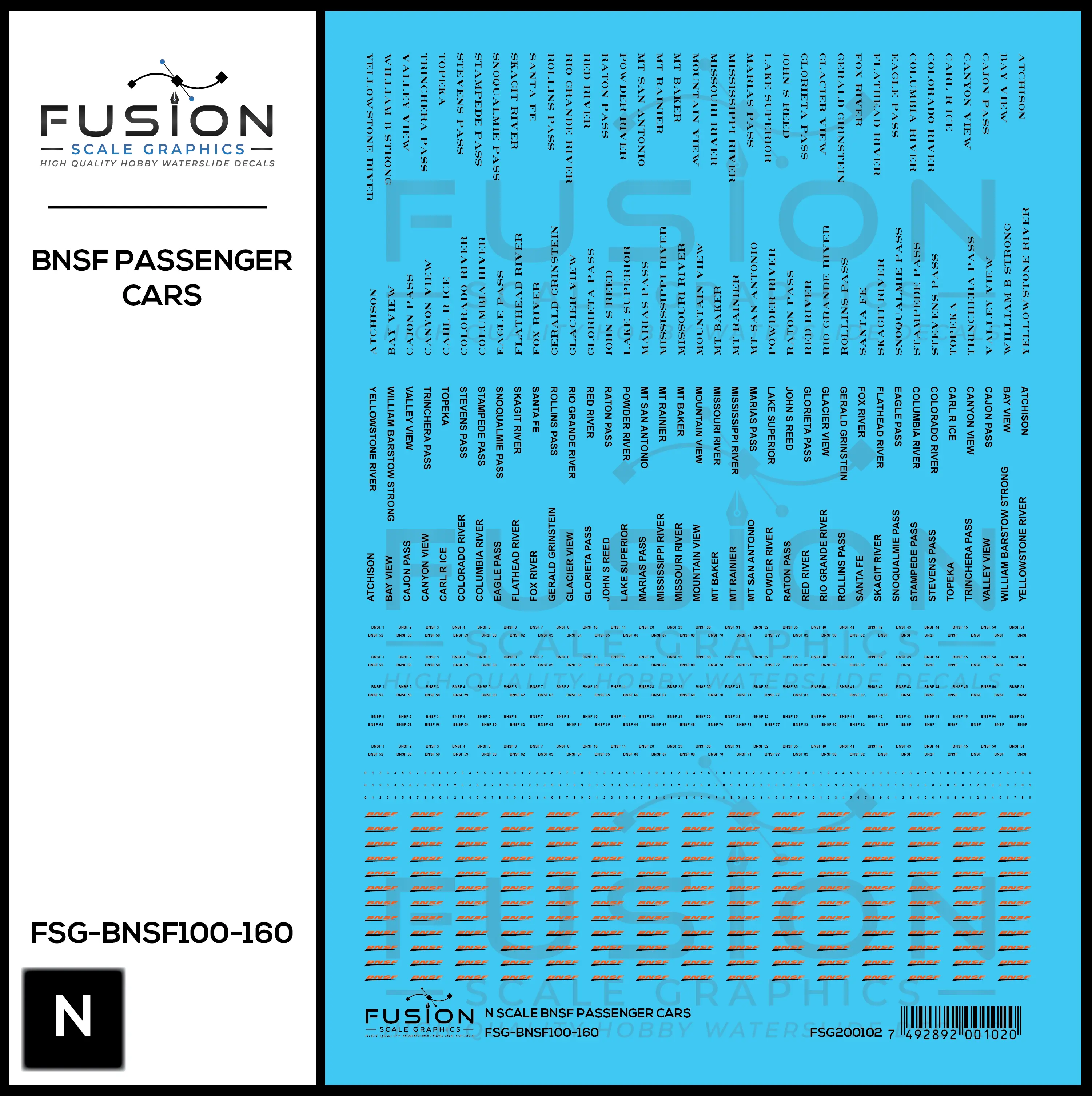 N Scale BNSF Railway Passenger Cars Decal Set Fusion Scale Graphics